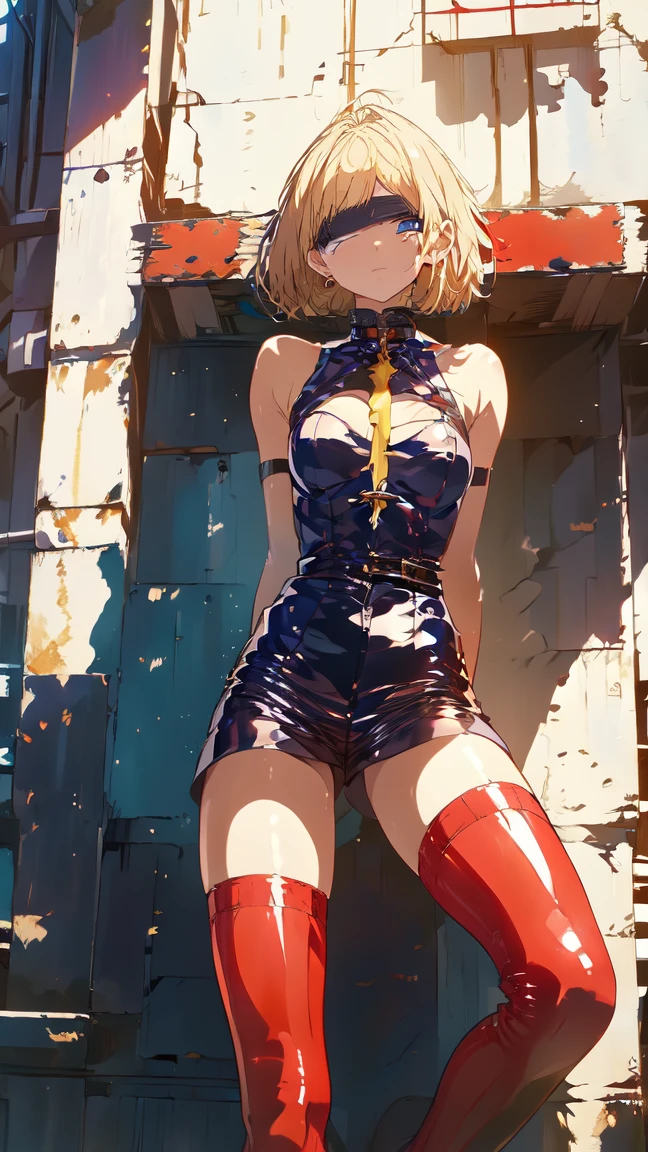 Very detailed, clear, beautiful body, Beautiful nose, Beautiful character design, perfect eyes, perfect face, very high, 4k, Beautiful legs, perfect legs, good hand, perfect hand, Masterpiece, best quality, haveรายละเอียดสูง, illustration, nonsense, perfect anatomy, street fighter, doll set, Chadaloo Doll, doll set, expressionless, empty eyes, look at viewer, red gloves, Emotionless, black Latex, corruption, mind control, female warrior, full body, hypnotized, ความมึนงงที่ไม่haveความสุข, full body suit, Ribbed bodysuit, Both arms are at the sides., obey, perfect woman's body, extremely glossy Latex, hypnosis, Hipnolora, empty eyes, mind control device, Poses, give up_Pose, slave, sit down straight, sit, sit at attention, have, necktie, belt, Latex, Ribbed bodysuit, thigh high, garter belt, fighting posture, soldier, thigh boots, 1 girl, hair accessories, blonde hair, medium hair, blue eyes, (((Pixel Perfect, perfect detail))), alone, 1 girl, Alice Cartelet, Kiniro Mosaic, Twintail