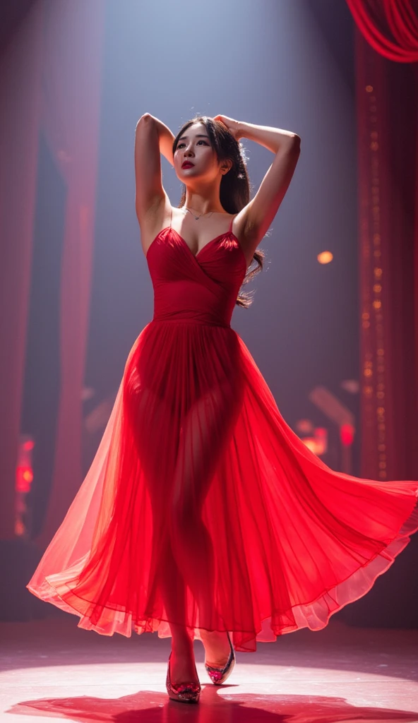 We need to generate an image of a young woman . She should be dressed in a bright flowing red dress, capture it in a swift dance and associate it with the name Courage