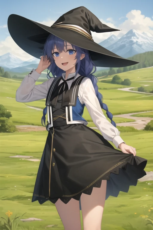 NSFW,Skirt lift,realistic White lace panties,up skirt,panty shot,One girl, alone, Open your mouth, A light smile,
Twin Blade, Long Hair, Blue Hair, blue eyes,
White Dress, Neck ribbon, Black Ribbon, Black Skirt, Witch Hat, Black Hat,
Are standing, Looking at the audience,
Outdoor, Grass, wood, Mountain, break masterpiece ,8k unity wallpaper,anime key visual,highest quality, High resolution, unity 8k wallpaper, (shape:0.8),anime coloring,highly detailed face, detailed eyes,growing eyes,shiny skin,fine skin,white skin,dense skin,detailed hair,highly detailed legs,perfect lighting, Detailed CG, (perfect hands, perfect ???????),High resolution,(Detailed wear ),slender limbs, delicate curves, dainty hands,figure:0.8,
