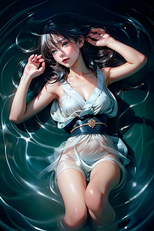 A twenty-four-year-old woman (Three-point perspective, vanishing point) is immersed in water, only her body above her shoulders, her body is looming without clothing, and petals are floating on the surface of the water. By the pool were the girl's clothes