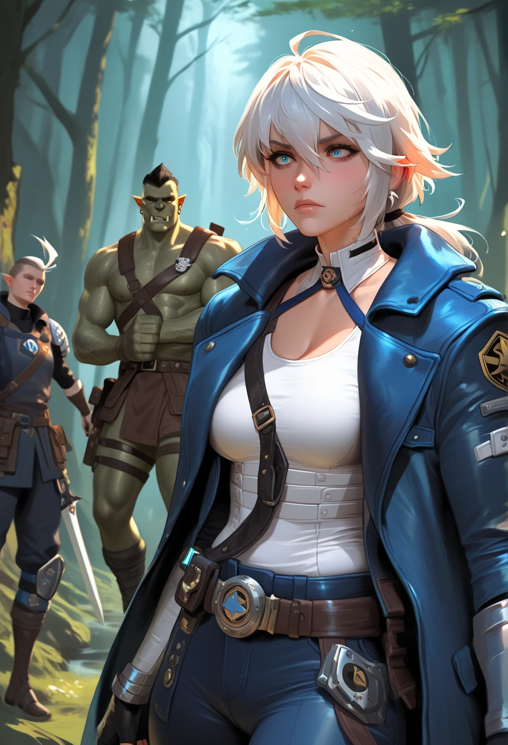 An Elezen womanof about 30 years of age with white hair, low ponytail, resembling Alisaie, white single part suit, no jacket, mild cleavage, longsword in hand, sneaking in a forest, keeping watch on an orc patrol, fantasy, (((correct )))