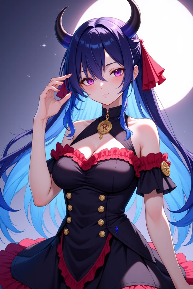 (super detailed:1.3), ((((best quality)))), ((masterpiece)), female kitsune, blue hair, long flowing hair, big green eyes, pink lipstick, full lips, (outfit between a black kimono and cocktail dress), (silky fabric), (low-cut neckline), (form-fitting waist), (short, asymmetrical skirt), (delicate floral patterns on the fabric), (sash tied around the waist with a large bow), (fox ears and fluffy tail), (bare shoulders), (elegant and sexy), (traditional meets modern style),(medieval Europe apartment background), window, (nighttime, blue moon,starry sky :1.2),((dark blue hair, light blue undertones:1.2)),angry expression,(dagger strapped to leg),medium breasts