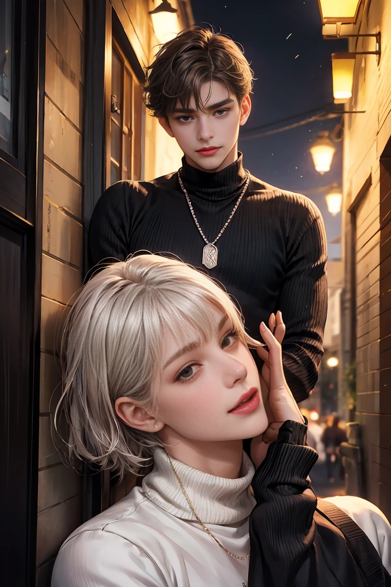 (masterpiece), (5K), (best quality), 2d Couple, ((a young gray hair couple)), ((a gray hair woman , sharp eyes, slit_ pupils, pale eyes, small boobs, red dress)), brown eyes, ultra well detailed eyes, ((a gray hair guy, wearing a prince cloth)), beautiful couple pose, raining