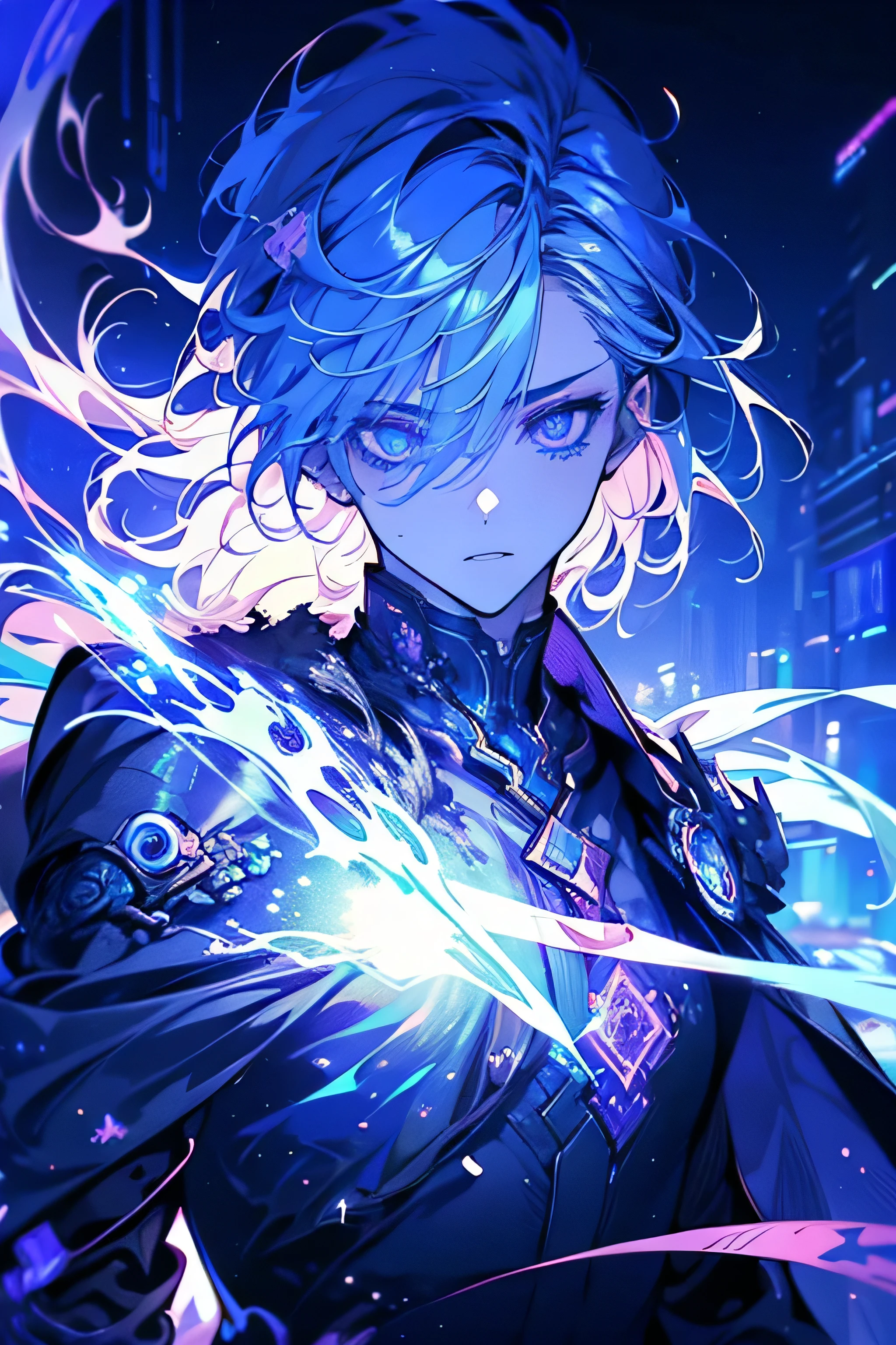 ((best quality)), ((masterpiece)), (detailed), 1boy, A highly detailed close-up, futuristic cyborg with a glowing cybernetic eye, displaying augmented reality data streams and holographic projections. The eye emits a soft neon glow in shades of blue and purple, with intricate mechanical details. The face is partially covered in metallic plating, reflecting a high-tech, dystopian city in the background. Sci-fi aesthetic, cyberpunk atmosphere, dramatic lighting, cool anime, boy white hair, boy