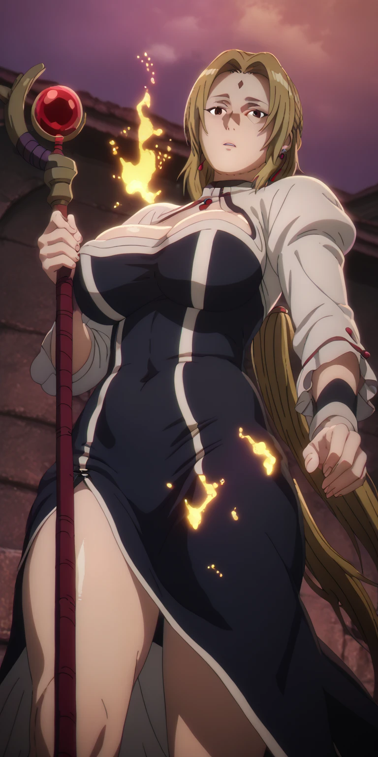 score_9, score_8_up, score_8, score_7_up, bouqtm, Tsunade, blonde hair, long hair, low twintail, forehead mark, parted bangs, brown eyes, huge breast, plump, shiny skin, anatomical correct, 1girl, solo, gloves, breasts, earrings, jewelry, white_gloves, black_hair, staff, looking_at_viewer, parted_lips, holding, dress, from_below, holding_staff, long_sleeves, puffy_sleeves, covered_navel, black_dress, ((dusty)), ((aura)), Cinematic, looking down, shaded face