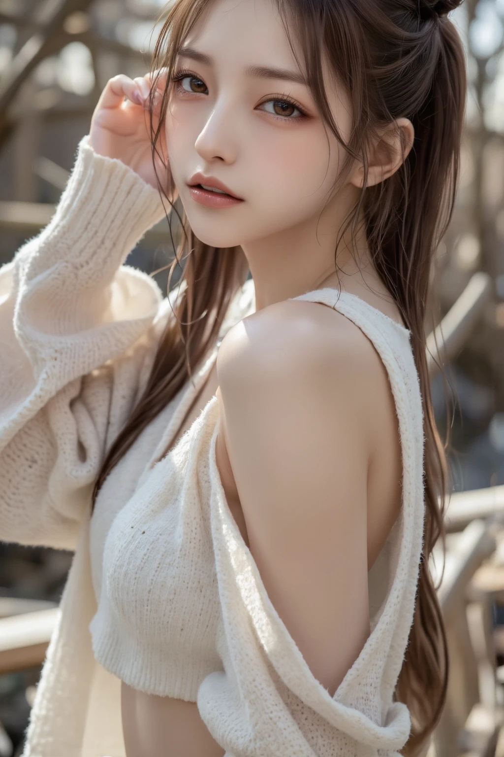 Sunburn marks on tanned skin、Multicolored hair color、Bangs on the face、Bangs between the eyes、A strong wind blows my hair in front of my face、Beautiful big sparkling eyes, Cute eyes hidden by long bangs、Yawn、No visible nasolabial folds、Short micro mini skirt、Multicolored patterned blouse、18-year-old、Blonde French braid hair