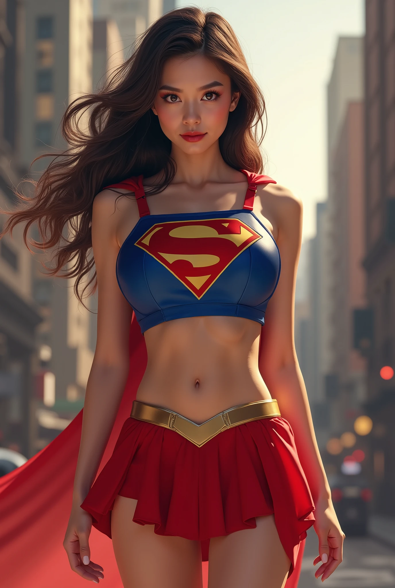Seductive asian supergirl, red skirt, blue top with Supergirl logo on chest, open belly, bra visible,focus on her hairs,