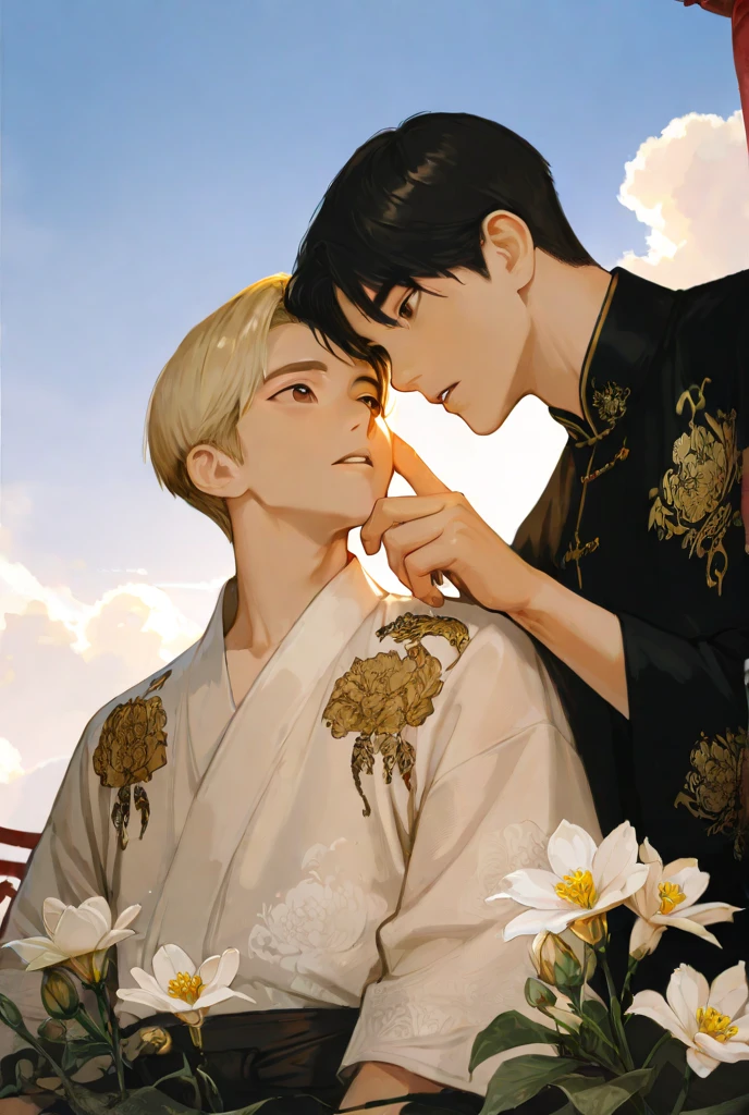 high-level image quality、2People Beautiful Men、Big Buddha hairstyle、Delicate eyes、thin muscular、Tall、Staring at each other、Hands on back、Big Buddha hairstyle、Being on a large lotus flower、𝓡𝓸𝓶𝓪𝓷𝓽𝓲𝓬