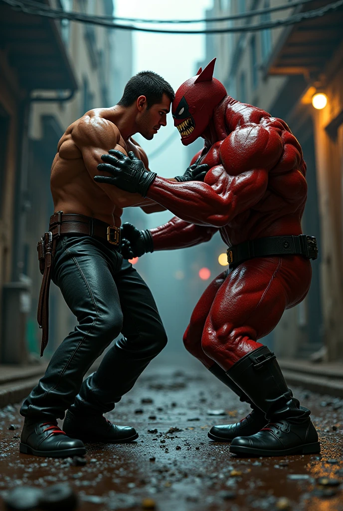 (Masterpiece), Best quality, yeux expressifs, visage parfait, view complete du corps d'un homme poilu, bodybuilder muscle barbu, Embrassant un homme contre un mur dans une grotto en béton vide éclairée par des néons rouges, cheveux roux, pantalon en latex extensible lisse noir brillant, bottes rangers noires, Feux rouges