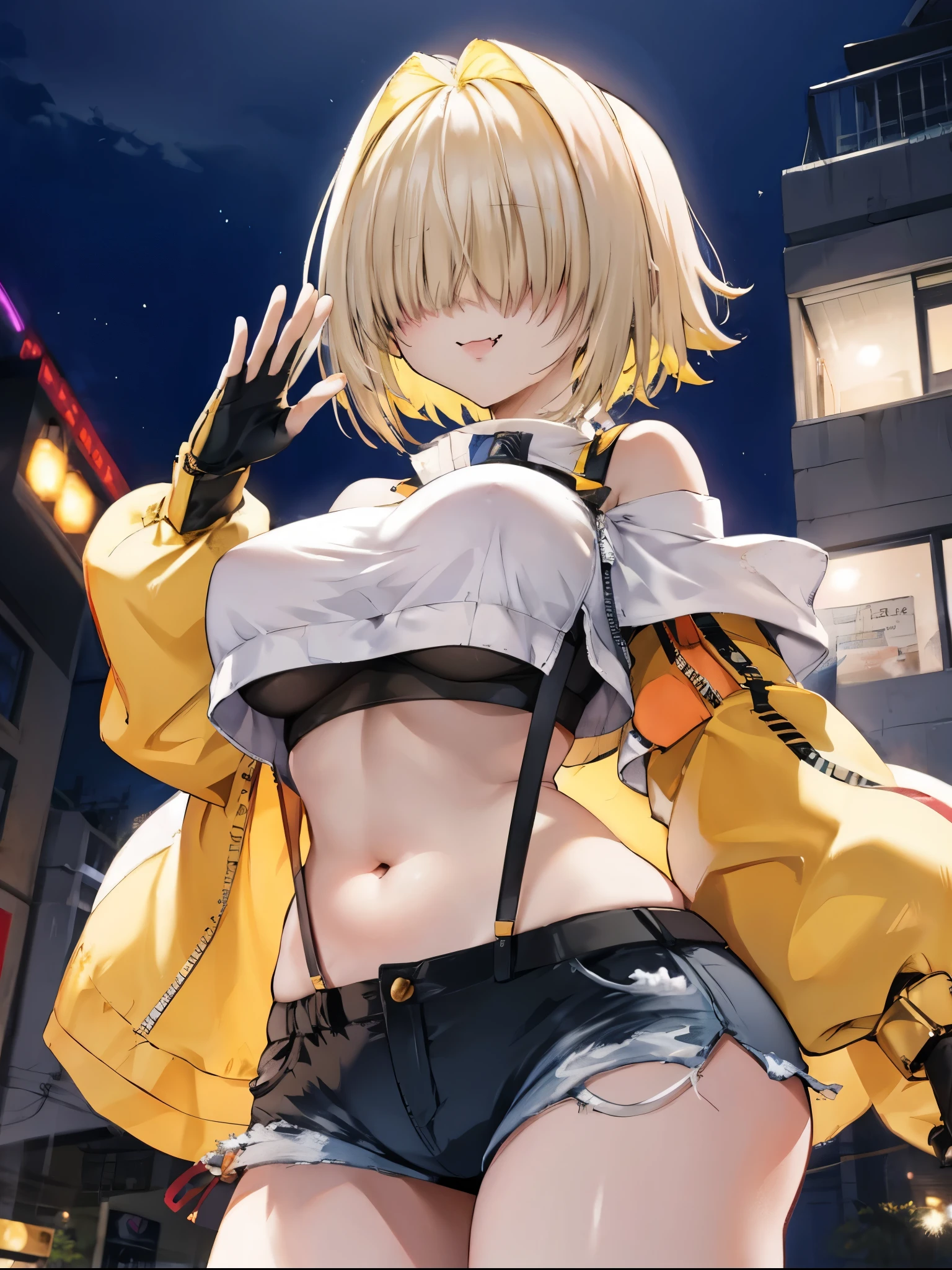 score_9, score_8_up, score_7_up, source_anime BREAK 1girl, solo, elegg, short hair, bangs, hair intakes, multicolored hair, hair over eyes, crop top, bare shoulders, long sleeves, suspenders, midriff, navel, short shorts, thigh strap, multicolored_gloves, large breasts, looking at viewer, thick thighs, (plump:0.5),(plump_lower:0.7), standing, smug, waving,
,future_city_background,night,under_breasts,lighting, (sharp_glance:0.2),nihil_smile,fang, pockets_protruding_from_shorts