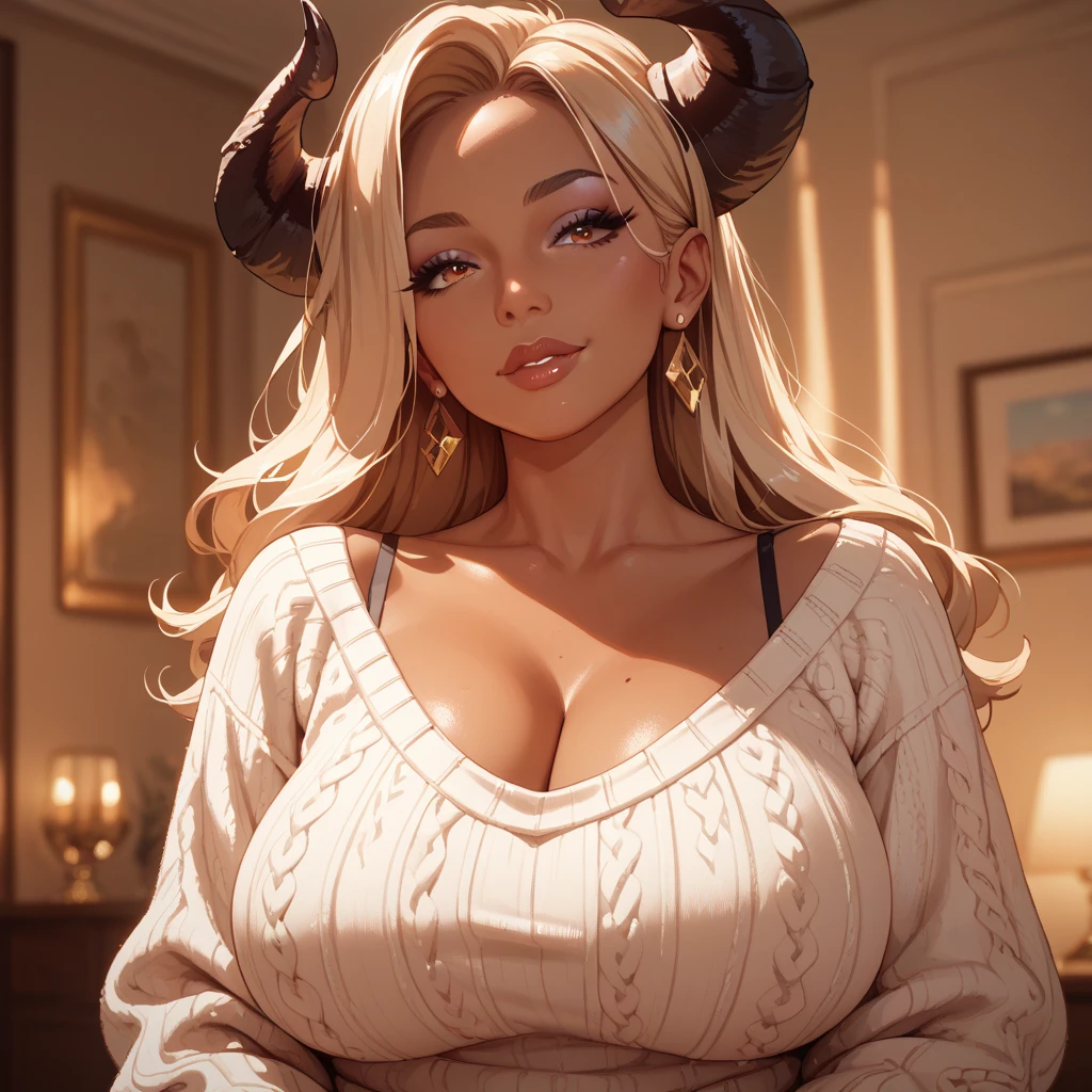 score_9, score_8_up, score_7_up demon girl, red skin,  virgin killer sweater, huge breasts, thick thighs, sexy, hand above head, milf, hell back ground, black horns, goat horns, muscular body , leaning over the ground,