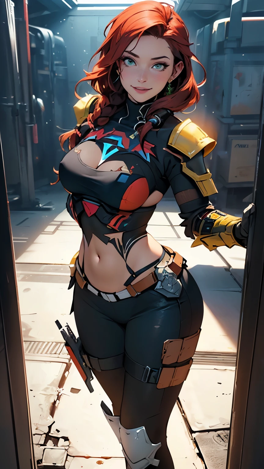 (((oaka_studio))), ((Best quality)), ((masterpiece)), (detailed: 1.4), (Absurd), Woman body set thick thighs parts of the covered by technological clothing, (((large breasts)) perfect, generous neckline, pastel, short blonde hair with red locks, short underwear, garter belt, futuristic sunglasses, gun tied to thigh, short mini skirt, cybernetic hand, neon Genesis evangelion, by mucha, niji, near real, best quality, almost naked, psychopath, crazy face, action pose, harlequin, cat eyes, starry night, outfit with drawing of a shark's mouth from the P40 plane of the second war, tattoos of an octopus on the arms, dark orange bra with white stars, stars covering the breasts, HDR (High Dynamic Range),Ray Tracing,NVIDIA RTX,Super-Resolution, Unreal 5,Subsurface Dispersion, PBR Texture, Post-processing, Anisotropic Filtering, Depth of Field, Maximum Clarity and Sharpness, Multilayer Textures, Albedo and Specular Maps, Surface Shading, Accurate Simulation of Light-Material Interaction, Perfect Proportions, Octane Render, Two-Tone Lighting, Wide Aperture, Low ISO, White Balance, Rule of Thirds, 8K RAW