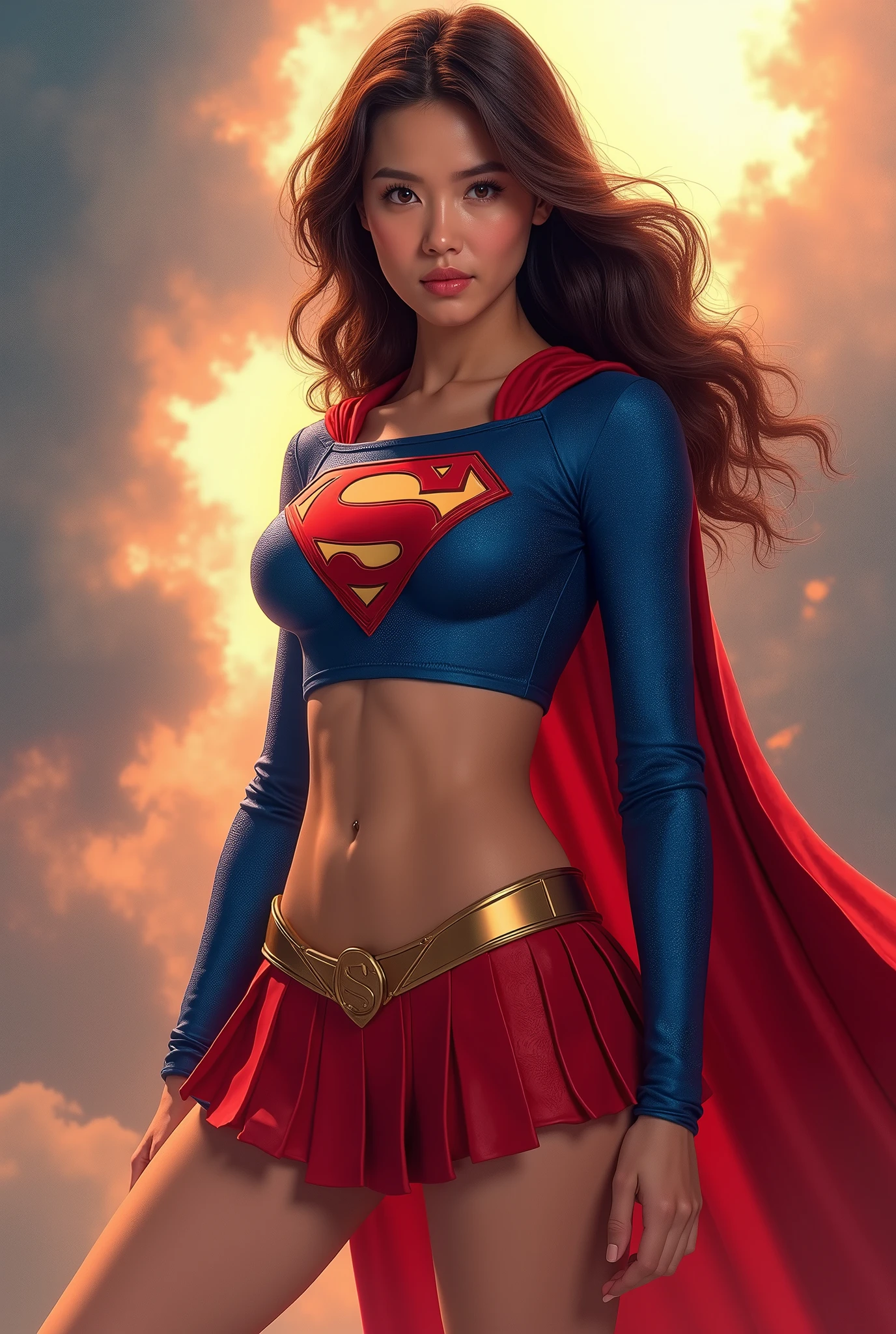 Seductive asian supergirl, red skirt, blue top with Supergirl logo on chest, open belly, bra visible,focus on her hairs,