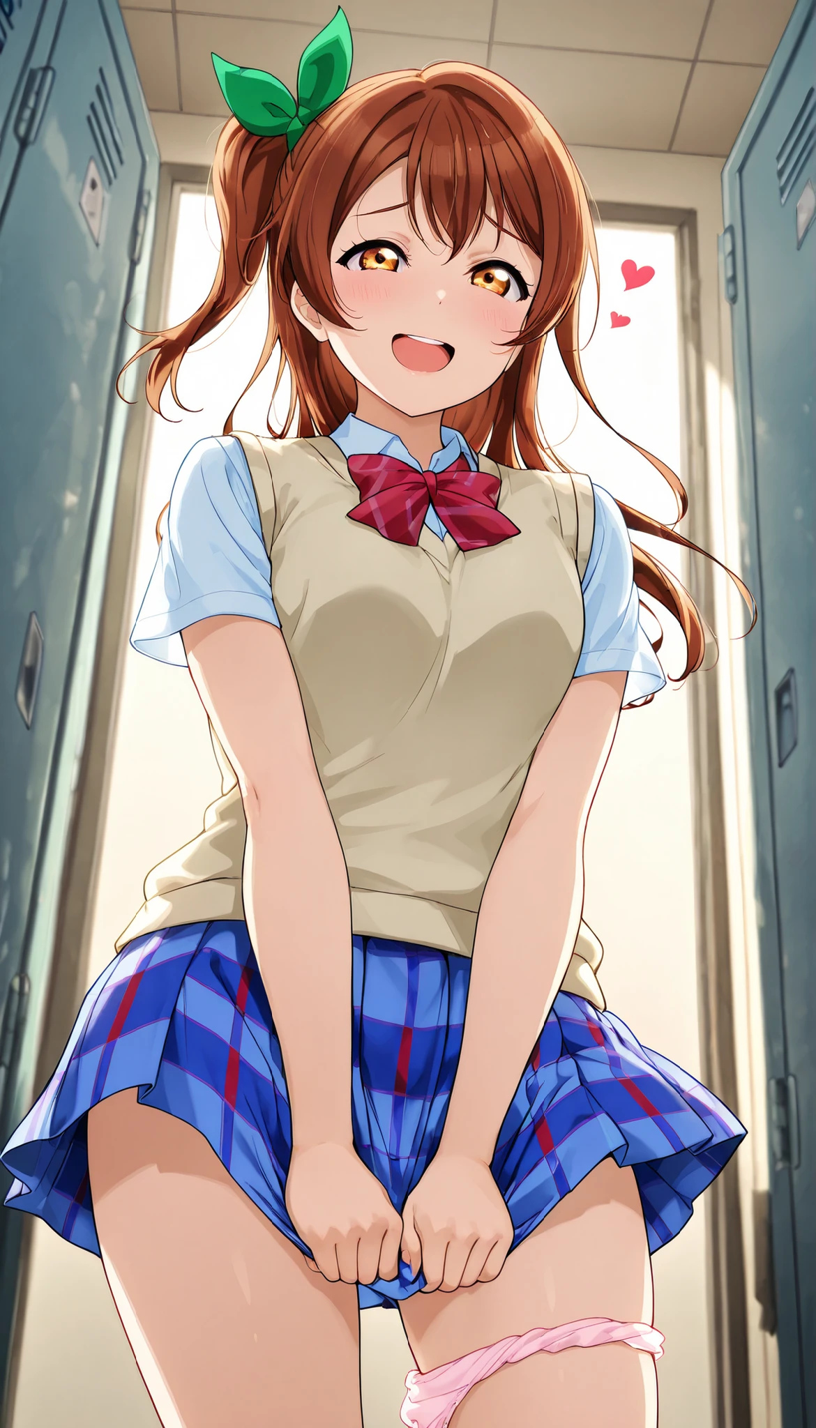 skirt tug, panties around thighs, panties around legs,
,looking at viewer, from below, very low-angle shot, (from below:1.8},
,BREAK,
lovelive_kotori,
sweater vest, short sleeves, blue plaid skirt, red bowtie, breasts, grayish brown hair, green hair bow, bangs, one side up, long hair, amber eyes
,, grayish brown hair, green hair bow, bangs, one side up, long hair, amber eyes,
smile, open mouth,looking at viewer, upper teeth only,
,\(troubled eyeblows:1.8\), smile, ,scorn,open mouth, (cheerful),looking at viewer,
pleasure, embarrassed,
, heart symbol,looking at viewer,
masterpiece,absurderes, beautiful detailed face,
BREAK, masterpiece,absurderes, beautiful detailed face,(masutepiece:1.2), Best Quality, High resolution, Unity 8k wallpaper, (Illustration:0.8), (Beautiful detailed eyes:1.6), extra detailed face, Perfect Lighting, extremely details CG, (Perfect hands, Perfect Anatomy)
indoor, locker room
