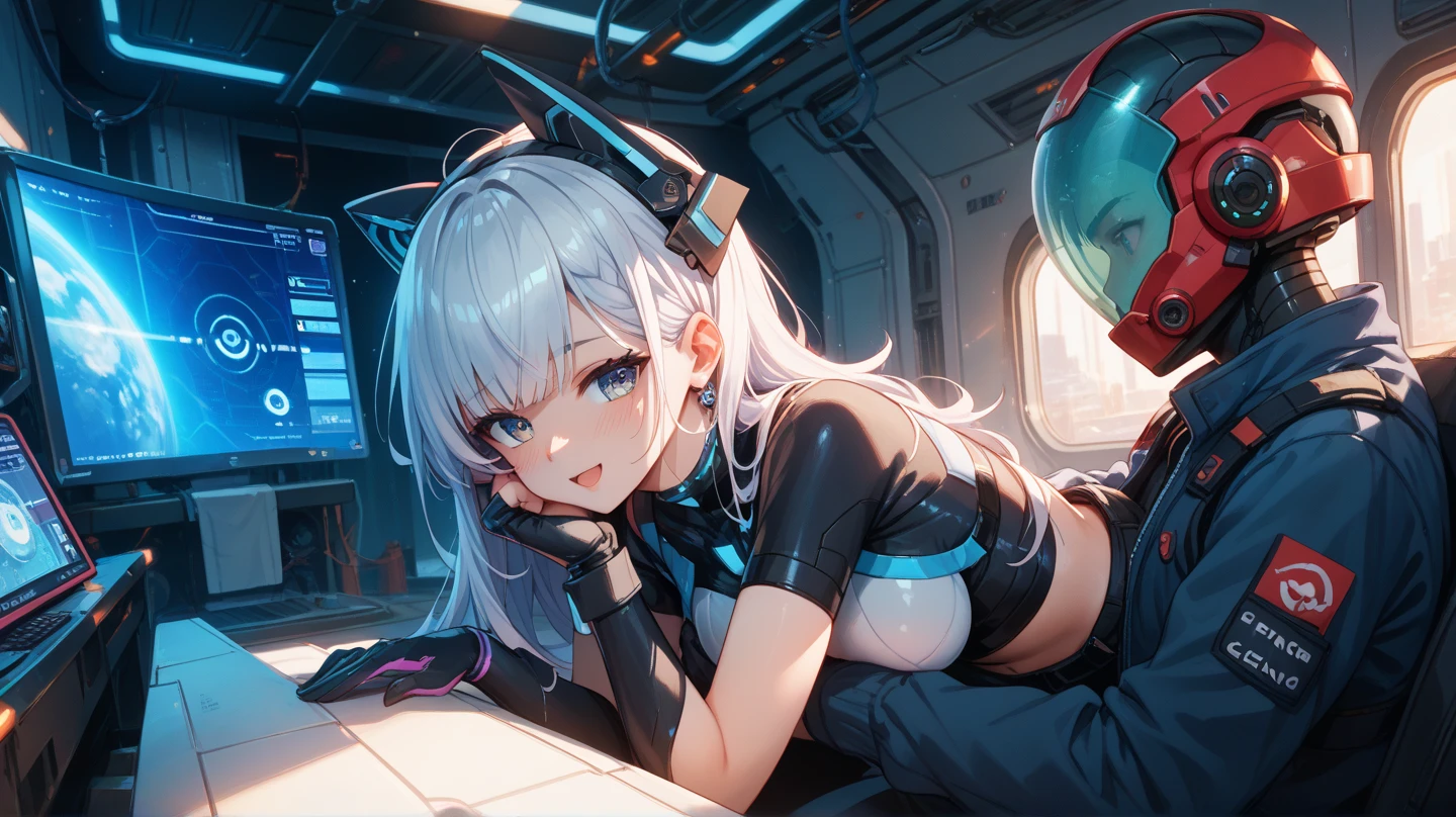 （Equestrian machine):1.3、乗馬マシーンにstraddle、straddle:1.3,Tubes and cables、holds the smartphone in her hand、(Interior of white cyberpunk futuristic space station)、1 girl、solo、full body painting、chest、Sweat、tears、heart-shaped pupil、Ahegao、Steamed body、(blue and black bodysuit):1.2、(Futuristic latex bodysuit space suit):1.1,headphone、V arm、(blush:1.3)