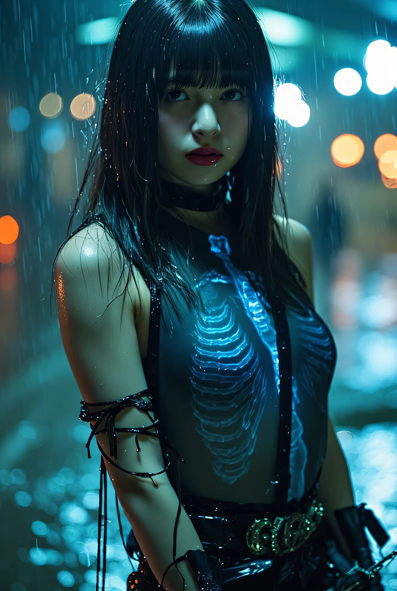 (((Future city with downpour rain:2.0))),(((HR Gigger style cyberpunk atmosphere:2.0))),(((Hold a cyberpunk-style Japanese sword:2.0))),(((Point the tip of the sword at the viewer:2.0))),((full body:2.0)),one woman,(cute face:1.7),(Beautiful well-balanced face :1.5),((long hair with bangs:2.0)),(black hair:1.5),(Beautiful Eyes:1.3),20-year-old Japanese woman wearing bright red paint all over her head,Beautiful slender body,((model body type:2.0)),((slim body:1.7)),Perfect Body Line,Ideal Proportions,((big breasts:2.0)),((スリーサイズ90-58-86:3.0)),((G Cup Breasts:1.5)),Big Breasts,Bare thighs,Sensual Thighs,delicate body,(succulent:1.7),harmonious posture,((Realistic breast depiction :1.7)),carefully depicts limbs based on perfect anatomy,((Samurai style black translucent super high leg leotard:2.0)),(((super high-leg leotard made of form-fitting glass:2.0))),((leotard with a transparent blue skeleton taken on an X-ray:2.0)),(((Clear blue LED skeleton:2.0))),((Tactical Holster:2,0)),(gloves:1.3),concept art,(Best Quality:1.5),(masterpiece:1.5),(超高resolution),resolution,UHD,(Delicate Description), carefully drawn with butterfly wings ,32k,((realistic skin texture that shows through the whole body:1.5)),(((super realistic:1.5))),carefully draw eyelashes,very detailed face,Highly detailed female hand, Sexy appearance ,very sensual,(Blurry Dim Backgrounds :1.5),Professional Photography,(movie lights:2.0),((Blade Runner style lighting:2.0))