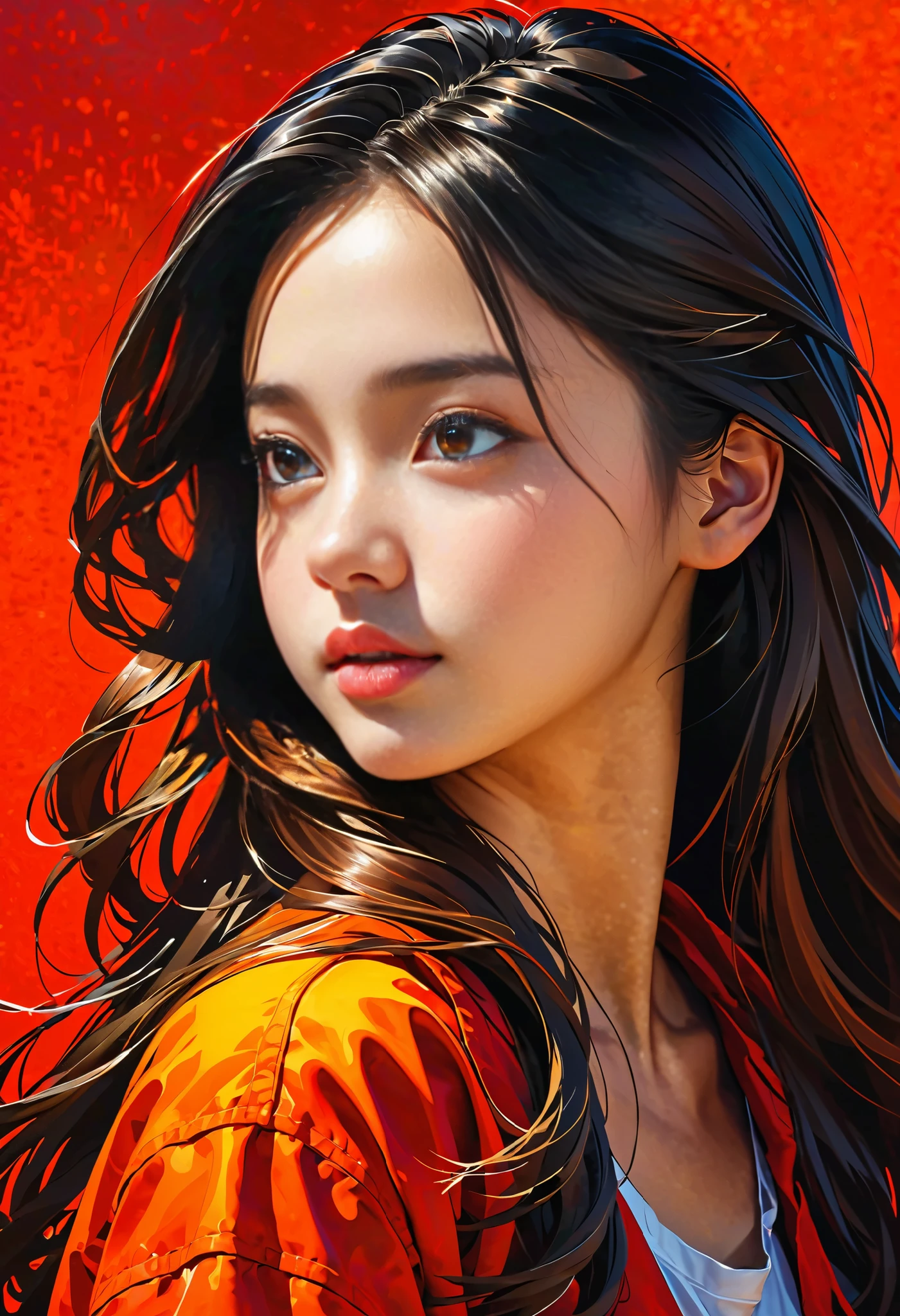 high definition illustration art、masterpiece、 18 year old beautiful woman ,long hair in the fountain,vivid colors,high contrast,(natural skin texture, hyperrealism, Strong light shines on it, sharp), red background ,Clarify light and dark、 various poses