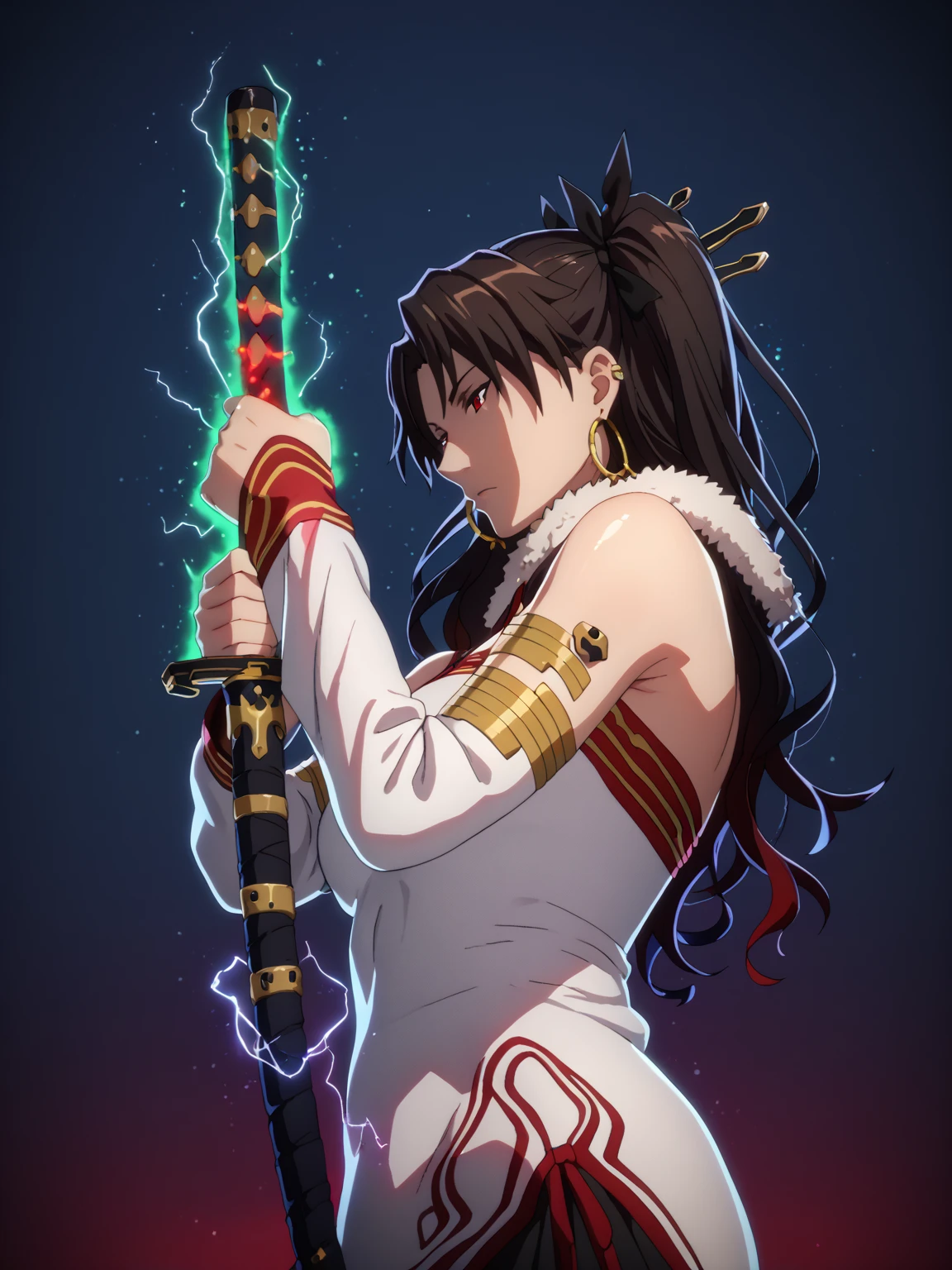 score_9, score_8_up, score_8, score_7_up, bouqtm, ishtar_(fate), red_eyes, parted bangs, long_hair, jewelry, earrings, black_hair, armlet, crown, two_side_up, small_breasts, hoop_earrings, ribbon, narrowed eyes, plump, shiny skin, 1girl, weapon, solo, sword, red_background, katana, holding_weapon, holding, simple_background, ear_piercing, sheath, holding_sword, mechanical_arms, profile, from_side, sheathed, looking_at_viewer, cyborg, white jacket, sweater dress, off shoulder, black short, (black aura), (grey aura), (aura:1.2)