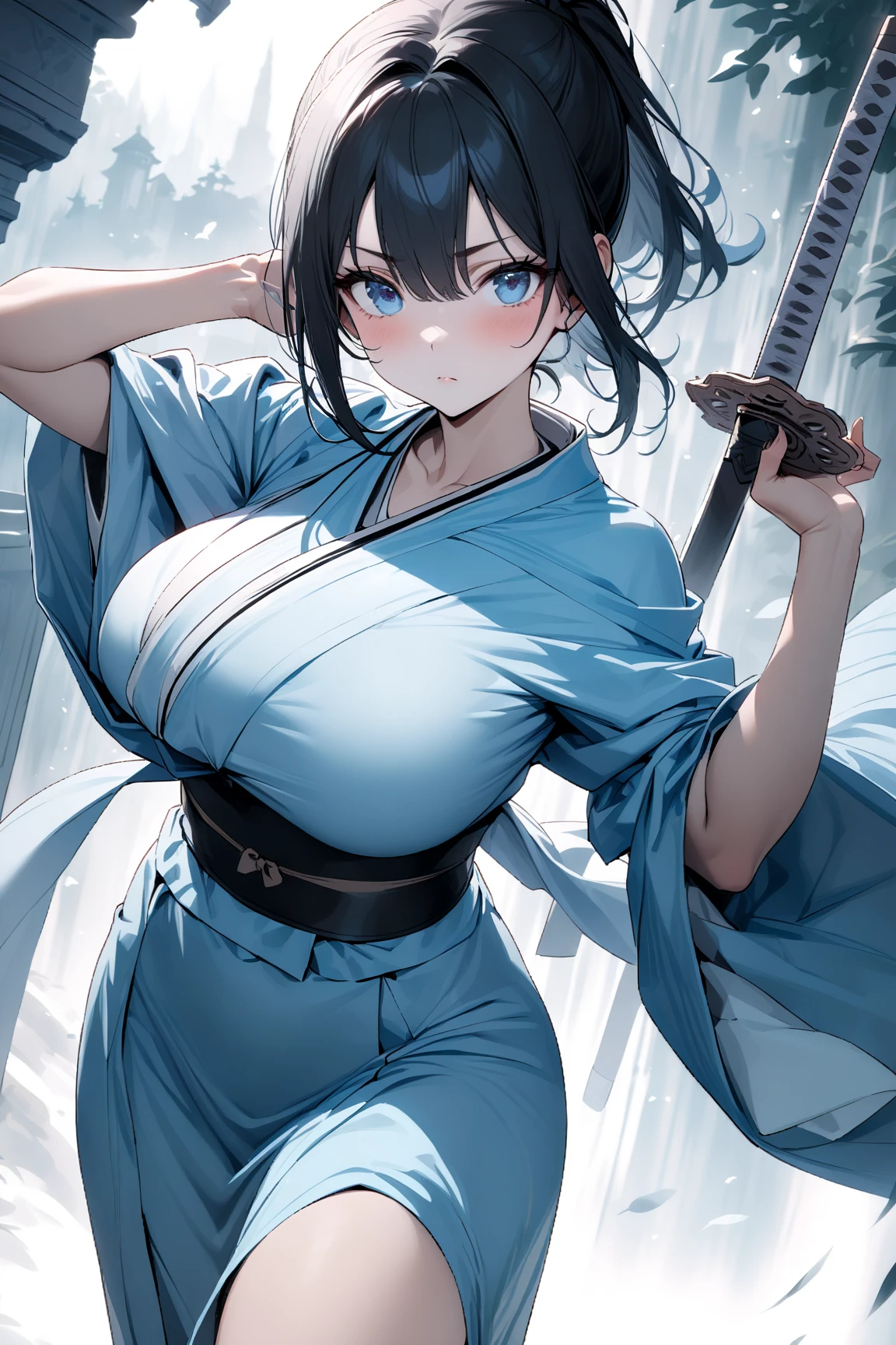 absurdres, RAW photo, extremely delicate and beautiful, masterpiece, Best Quality, ultra high resolution, 32k, hyperrealistic, ultra-detailed, in her 20s, delicate facial features, tearful mole, earring, medium breasts, full body shot, shorter middle hair, black hair, shuimobysim, Japanese kimono, ninja, samurai, sword with blue flames,