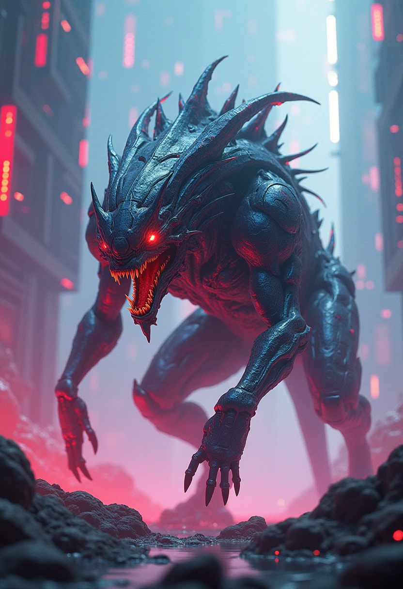 a horrifying creature, ghosts, glowing red eyes, blue neon lighting, dark atmosphere, dramatic lighting, intricate details, photorealistic, hyper detailed, cinematic composition, award winning concept art