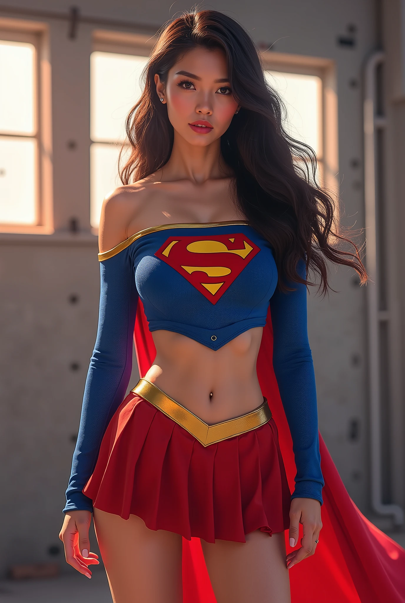 Seductive asian supergirl, red skirt, blue top with Supergirl logo on chest, open belly, bra visible,focus on her hairs,