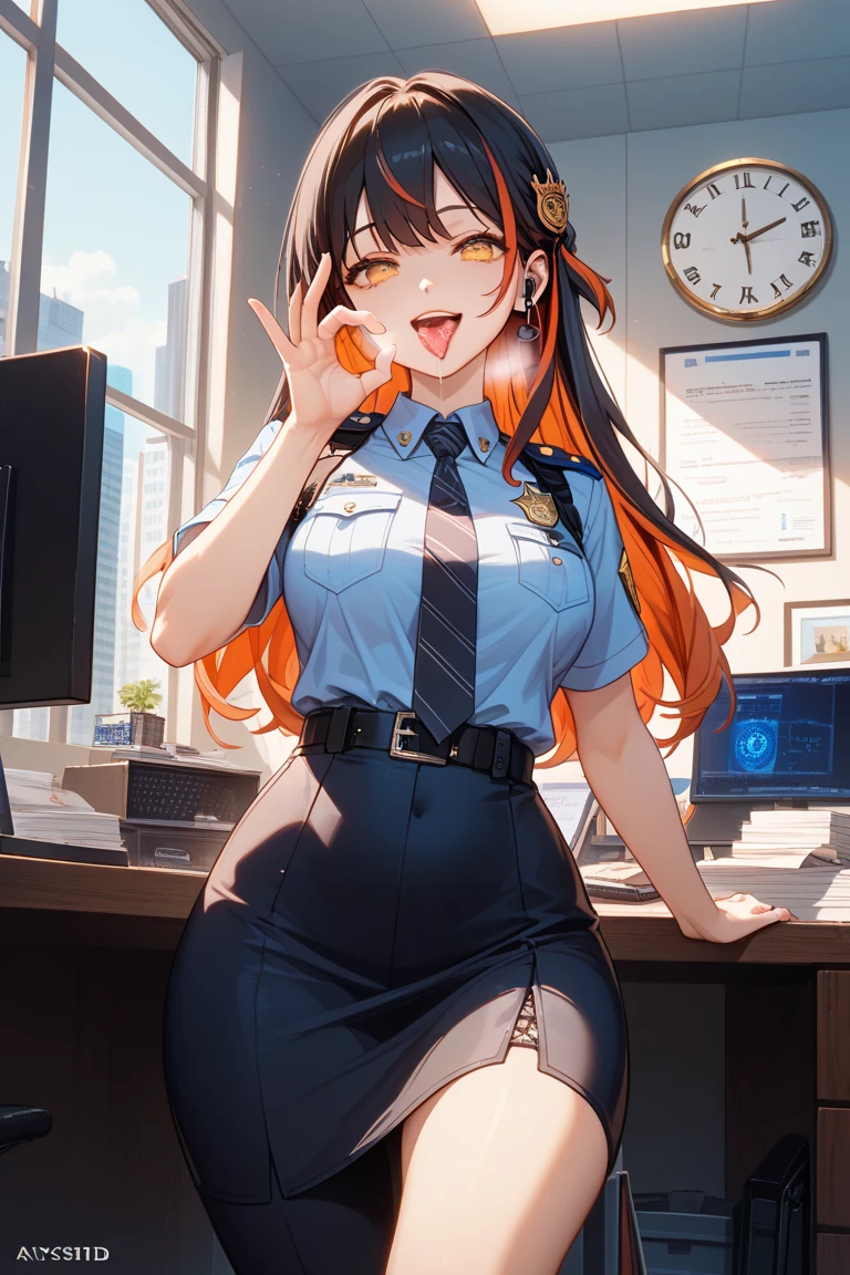 (Masterpiece: 1.5), (Best Quality: 1.5), (Perfect Face), 1 Woman, Fox ears, Fox tail, office lady, mature woman, big tummy, fat body, voluptuous body, tight pencil skirt, big butt,