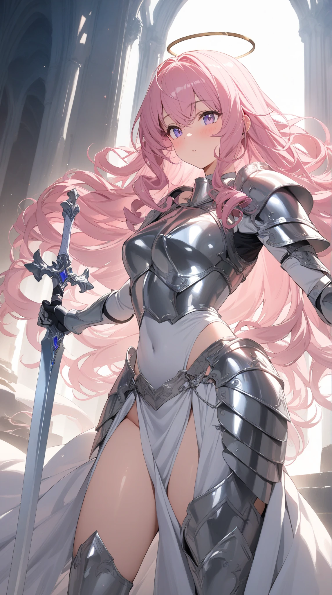 (masterpiece), best quality, 1girl,hatsune miku,Valkyrie, angel knight in withe dress and sliver armor, shiny armor, High-gloss armor, reflective metal armor, holding sword, (long_sword), pink long curly hair, yellow eyes, wings, white outfit, perfect lighting