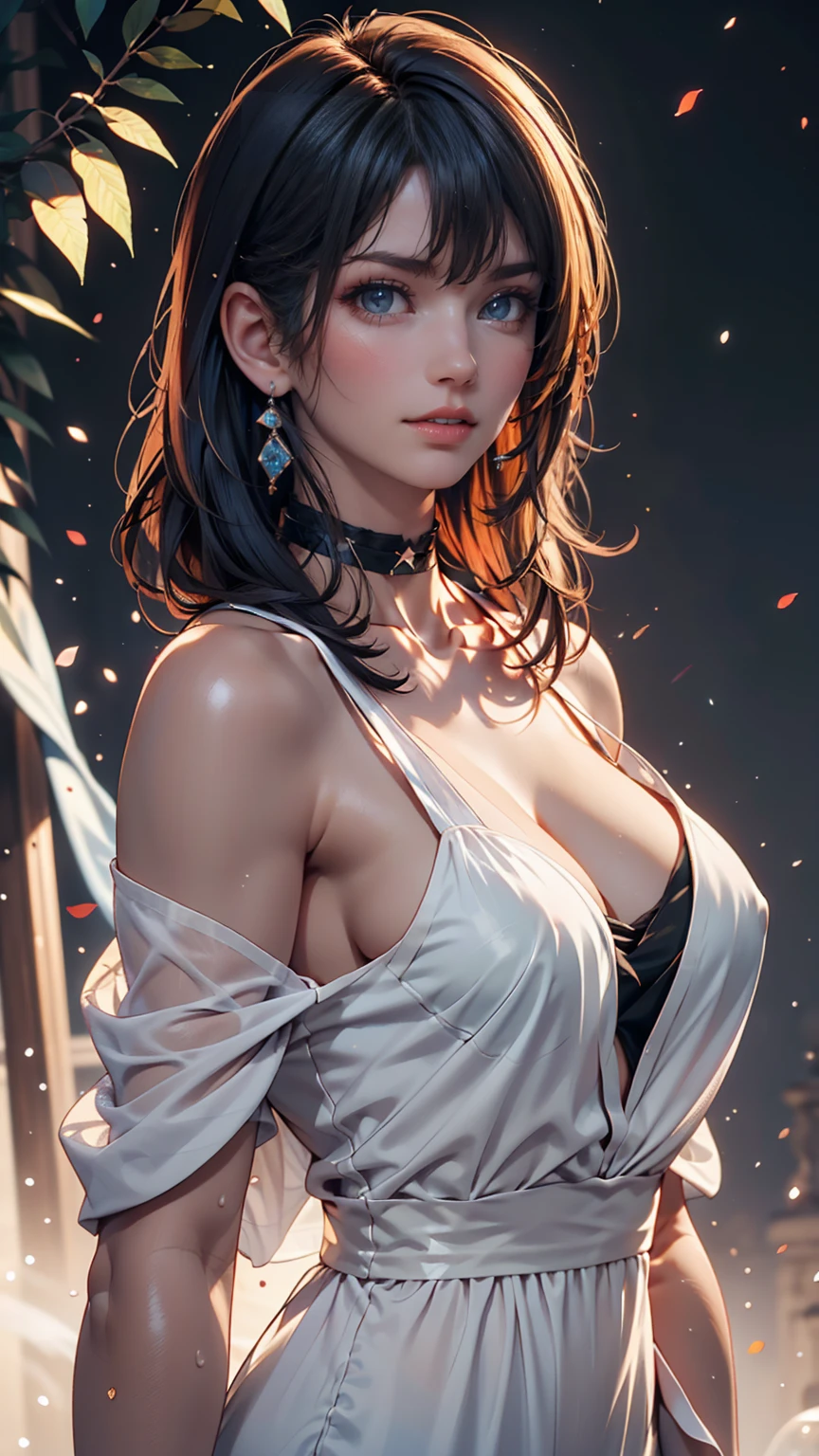 (NSFW, Masterpiece, 4K, 8K, High Resolution, Masterpiece:1.2), Lone Female, Intimate Setting, Soft Focus, Illuminated by a Single Light Source, One Girl Alone, White Blouse with Transparent Sleeves, Showcasing Sensual Lace Innerwear, Modern Accessories, Metallic Choker Necklace, Black Choker with Silver Inlays, Purple and Black Two-Tone Hair Color, Highlighting Unique Hairstyle with Bouncy Waves and Side Swept Bangs, Stylish and Modern, Black Background with Subtle Grayscale Shadows,