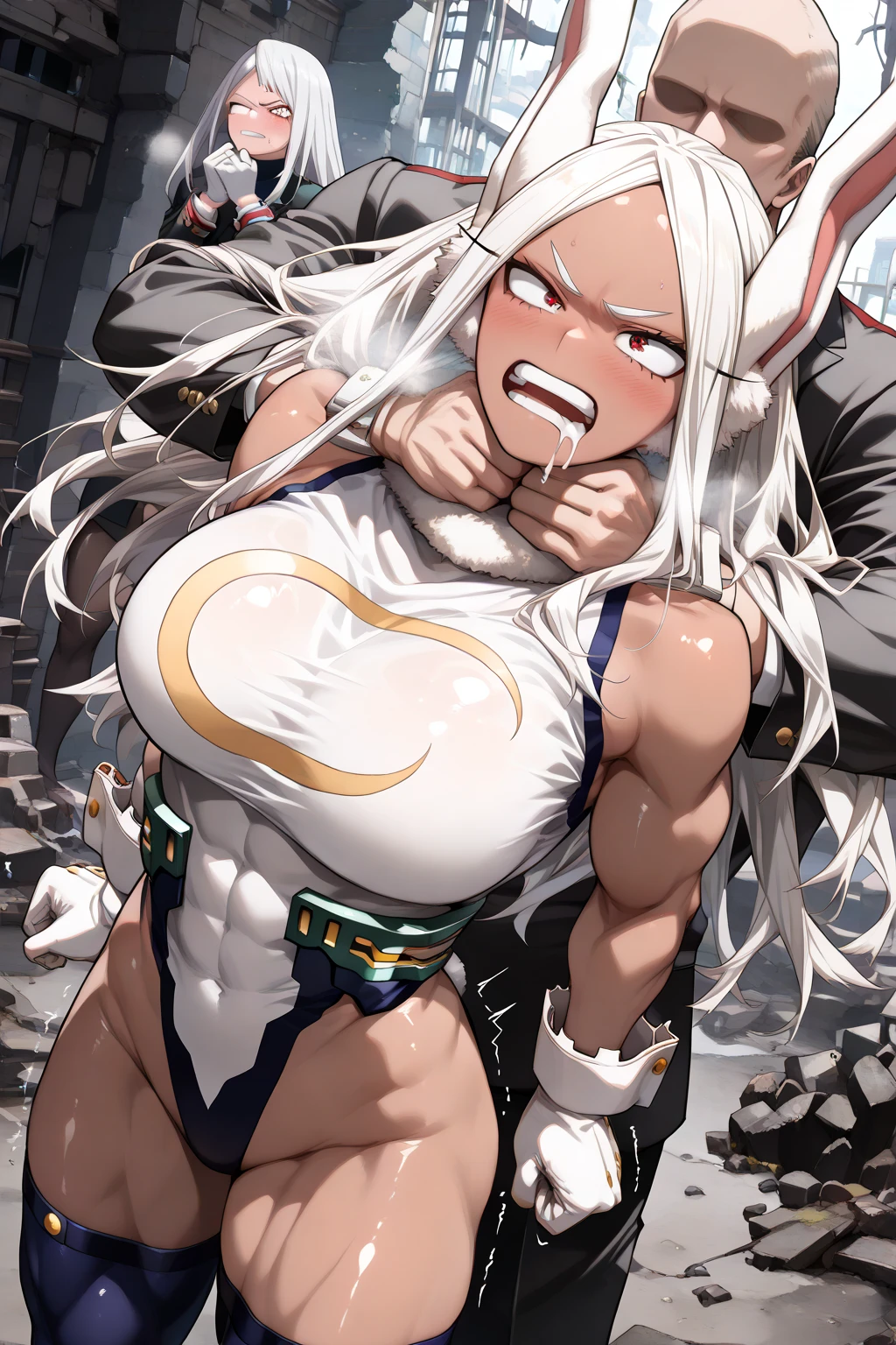 High quality, best rendering), (Beautiful Woman, Mirko, My Hero Academia), muscular body, thick muscular legs, big buttocks, pitch black tanned skin, big breasts, silver hair, long straight hair, Sanpaku eyes, red eyes, thin eyebrows, no lashes, rabbit ears with long ears, elaborate hair, psychopath, crazy face, glaring at viewers, grinning mouth, Sleeveless white leotard up to the neck, blue edges, blue knee-high socks, high-tech sneakers, squatting with heels on the ground, M-shaped legs, legs spread wide, hands on the ground, center, scales to fit dimensions, camel toes, shot from below