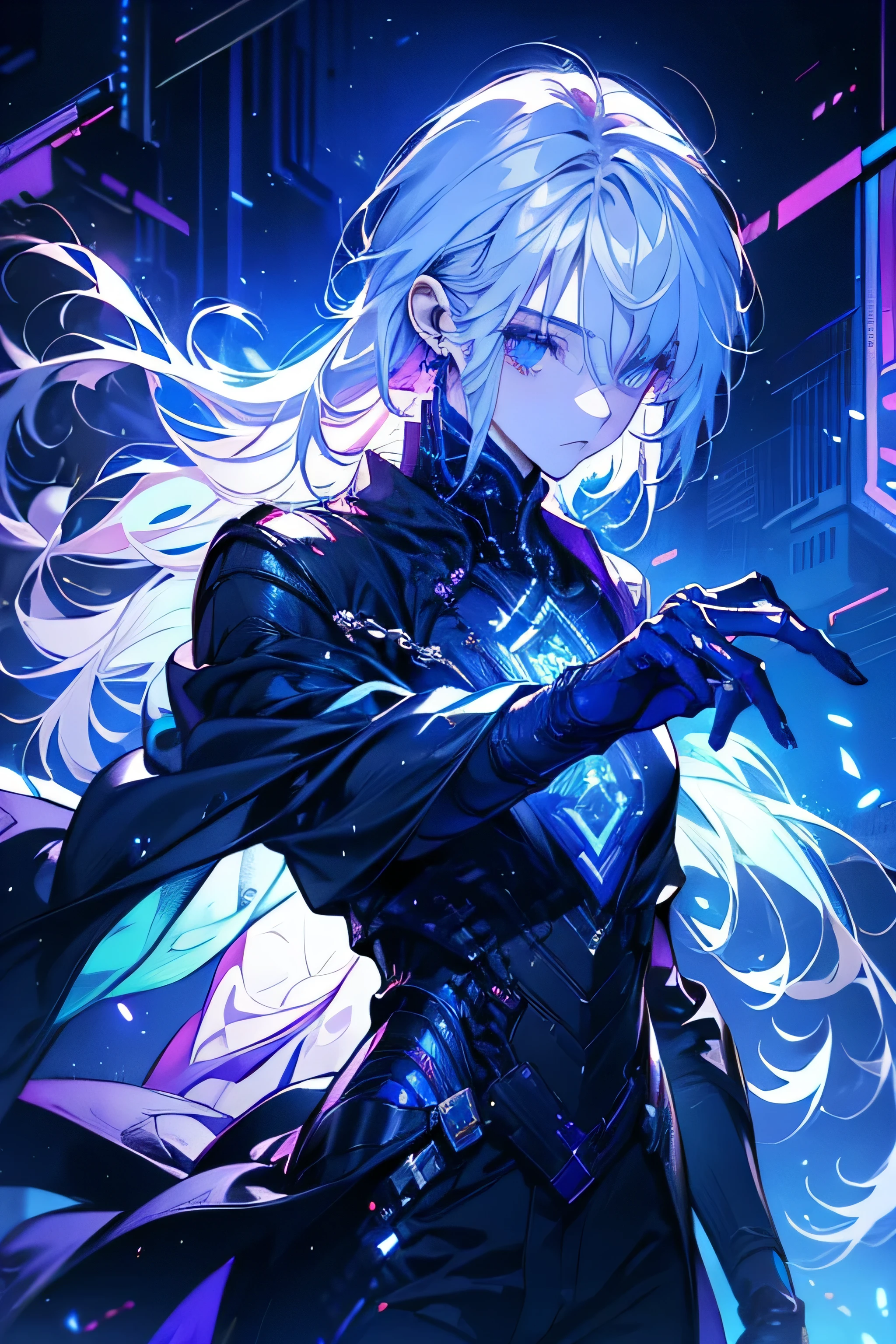 ((best quality)), ((masterpiece)), (detailed), 1boy, A highly detailed close-up, futuristic cyborg with a glowing cybernetic eye, displaying augmented reality data streams and holographic projections. The eye emits a soft neon glow in shades of blue and purple, with intricate mechanical details. The face is partially covered in metallic plating, reflecting a high-tech, dystopian city in the background. Sci-fi aesthetic, cyberpunk atmosphere, dramatic lighting, cool anime, boy white hair, boy
