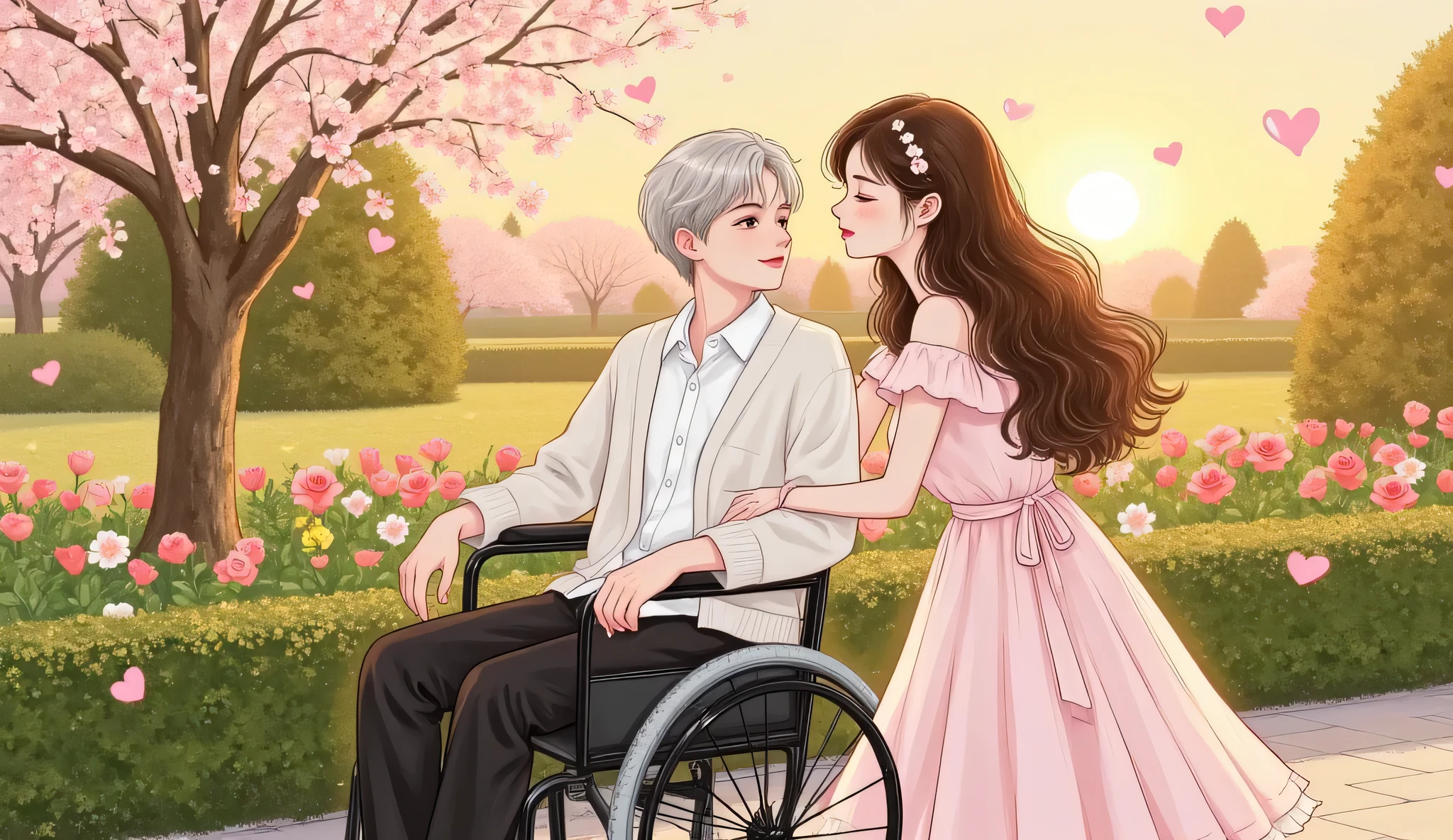 A soft, romantic anime-style illustration of a handsome young man with silver hair sitting in a sleek black wheelchair, wearing a white shirt and light cardigan, being gently pushed or accompanied by a beautiful young woman with long brown hair in a flowy pastel dress. They are walking in the lush garden of a luxurious villa, surrounded by blooming flowers, trimmed hedges, and warm golden sunlight during sunset. The atmosphere is peaceful, tender, and full of quiet affection. The man looks calm, the woman gazes at him with warmth. Cherry blossoms or petals gently float in the air. Manhwa / romantic / slice of life style.