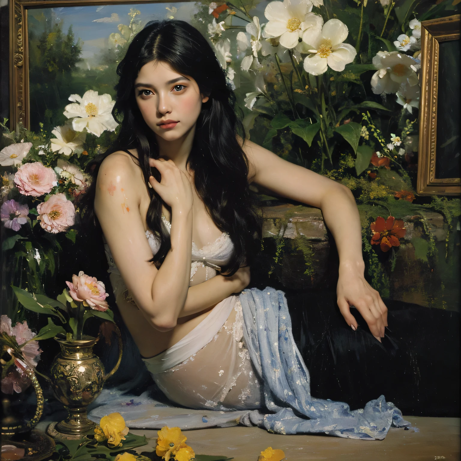 (arte por Monet:1.4),(arte de mucha:1.4),(ultra-detalhado),(high resolution),4k,Fantastic background,Sozinho,sorriso,boca fechada,(little ,  inocente de 8 anos), now veil,(fantasia de prostituta obscena vagabunda:1.3)