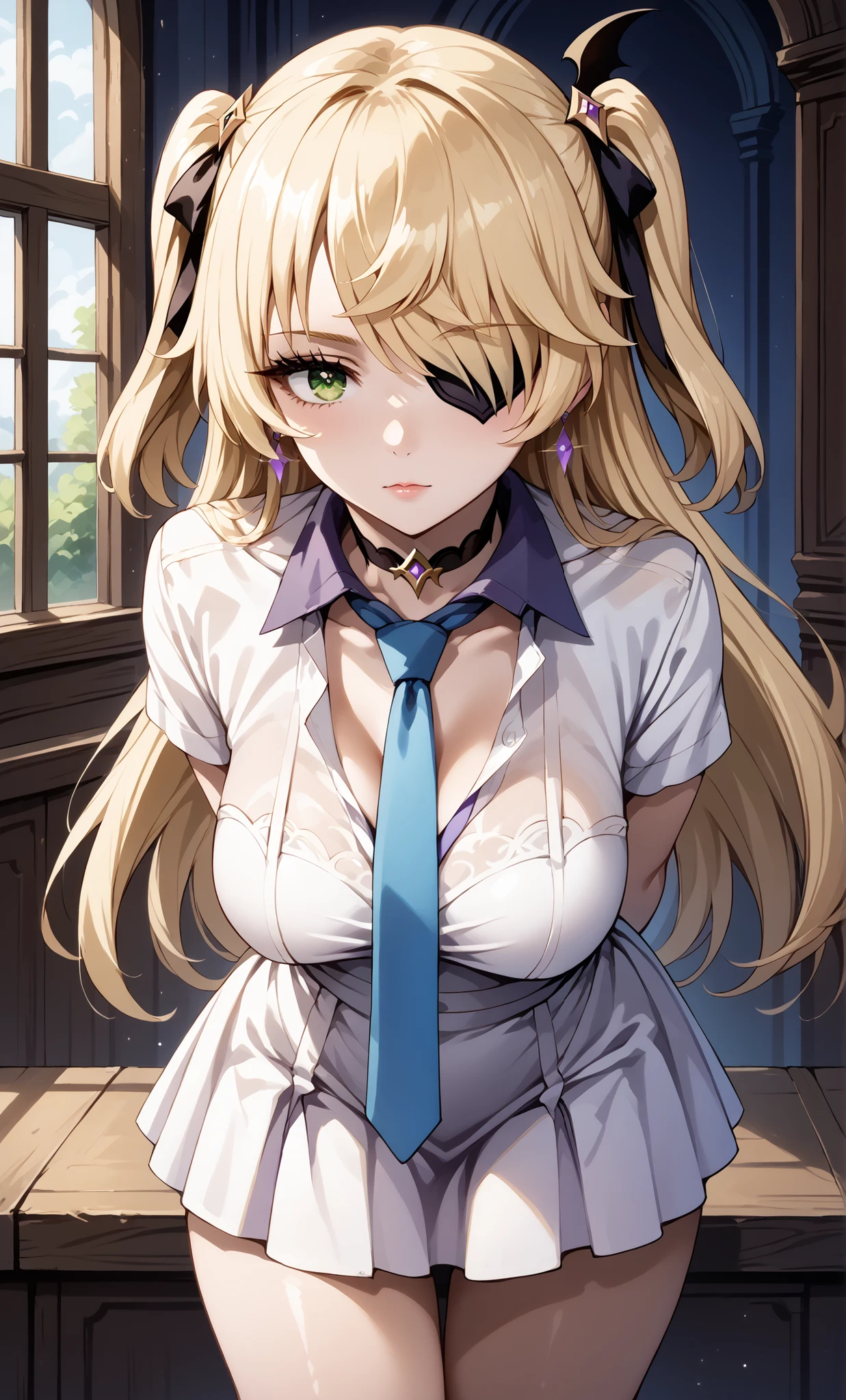 score_9, score_8_up, score_7_up, source_anime, 4K,perfect fingers,(perfect hands, perfect anatomy),prefect lighting, very aesthetic, intricate details,highly detailed background, masterpiece, high quality, best quality,
1girl,solo, fischl, fischl, long hair, bangs, ((blonde hair:1.5)), ribbon, green eyes, hair ribbon, hair over one eye, two side up, eyepatch, large breasts,,
wearing ((Black choker, Collared shirt, White shirt, Earrings, Blue tie, white skirt, )),,
A sagging breast, looking at viewer,standing, ((leaning forward:1.2)), ((arms behind back:1.4)),