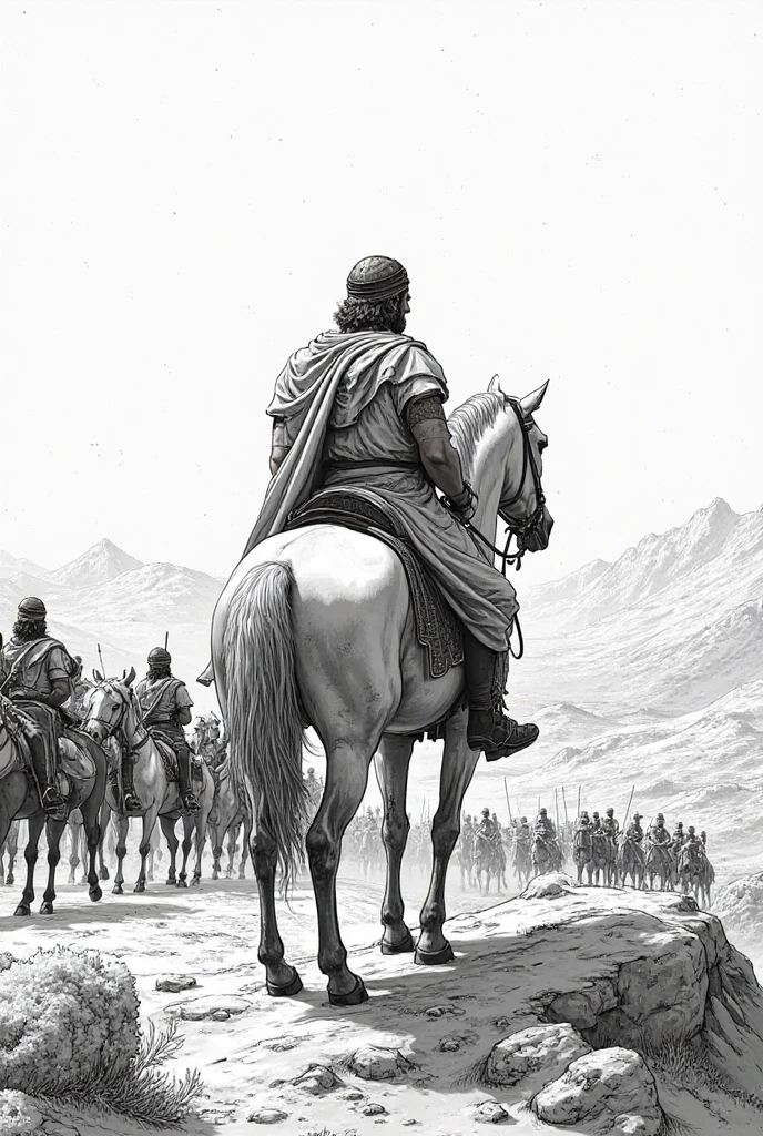 A 30 year old man wearing a white Indian Gujarati turban has a large mustache on his face, a spear in his hand, and is sitting on a white horse ,with a cloth tied to stop the so much bleeding from his stomach ,the color of blood is stuck on his clothes which is visible from red color he tries to kill 8 people around him with a spear the people around him have guns in their hands, 8 men who are muslims .(b&w, black and white:1.2) monochrome pencil art, Unpainted, high contrast, line art, (sketch), simple flat 2D drawing, 
simple [white|paper] background,
(masterpiece), best quality, detailed, intricate details,
