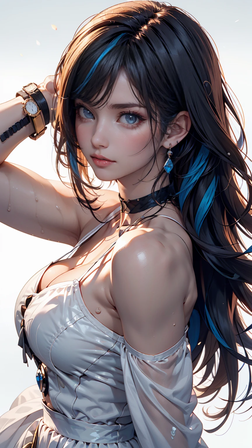 ((1 girl - solo 16+, full length, waist-length, free - relaxed pose, standing)), (masterpiece, best quality: 1.3), (ultra detail: 1.3), (best quality, high resolution, photo-realistic: 1.37)). ((Orange, pink, white, and green details), (girl 16+,( in flower-T tattoos, starry sky, white hair), (dark hair, shoulder-length, long hair), (elegant body, dark stylish t-shirt, tech clothes: 1.1), (beautiful hands in jewelry bracelets, tattoos,(NSFW), (Rockstar)). ((Calm look, relaxed pose, standing)). ((Abstract background with lines and circles), (Technical background - abstraction, (high-tech), (many flowers - lilies), (real flowers decorate the interior), (flowers look amazing), exquisite design, mostly in light colors: (white, blue, yellow, gold)). ((Best quality), (surrealism: 1.3), (masterpiece: 1.2), (fantasy: 1.2, surrealism: 1.3),). ((High resolution, clear image), (best quality: 1.37), (realistic 3D rendering), (settings, soft light-shadows, flooded sunlight, contrasting shadows - cold tones, warm soft light)). (Technical background - abstraction), (modern style, HD detail, cinematic, surrealism, Deep focus, ray tracing, Diffusion.