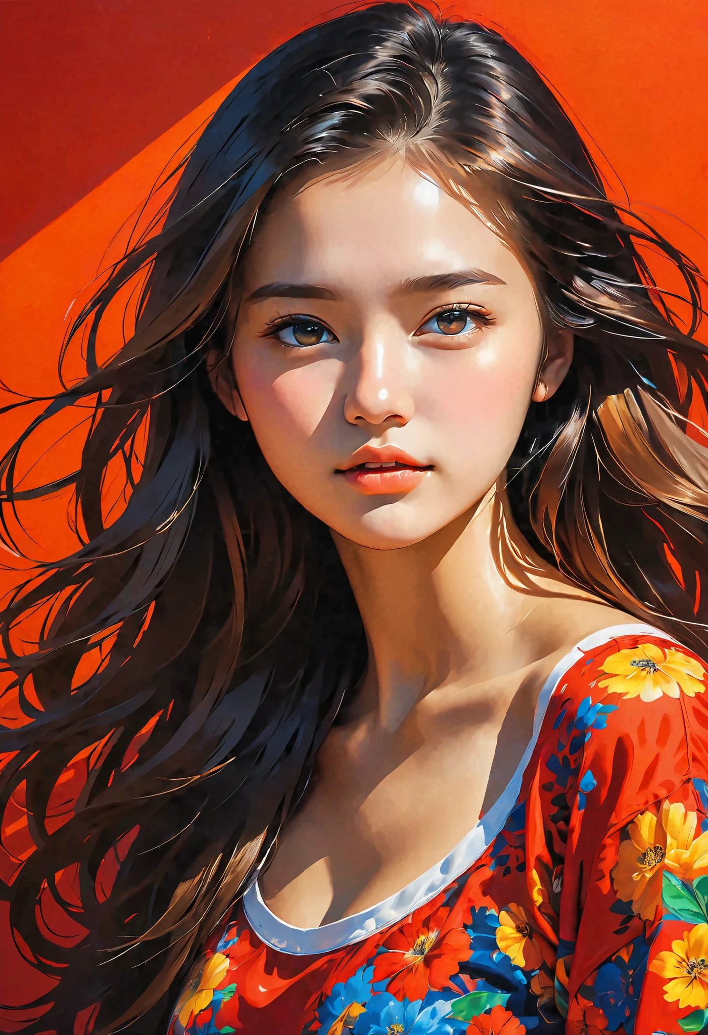 high definition illustration art、masterpiece、 18 year old beautiful woman ,long hair in the fountain,vivid colors,high contrast,(natural skin texture, hyperrealism, Strong light shines on it, sharp), red background ,Clarify light and dark