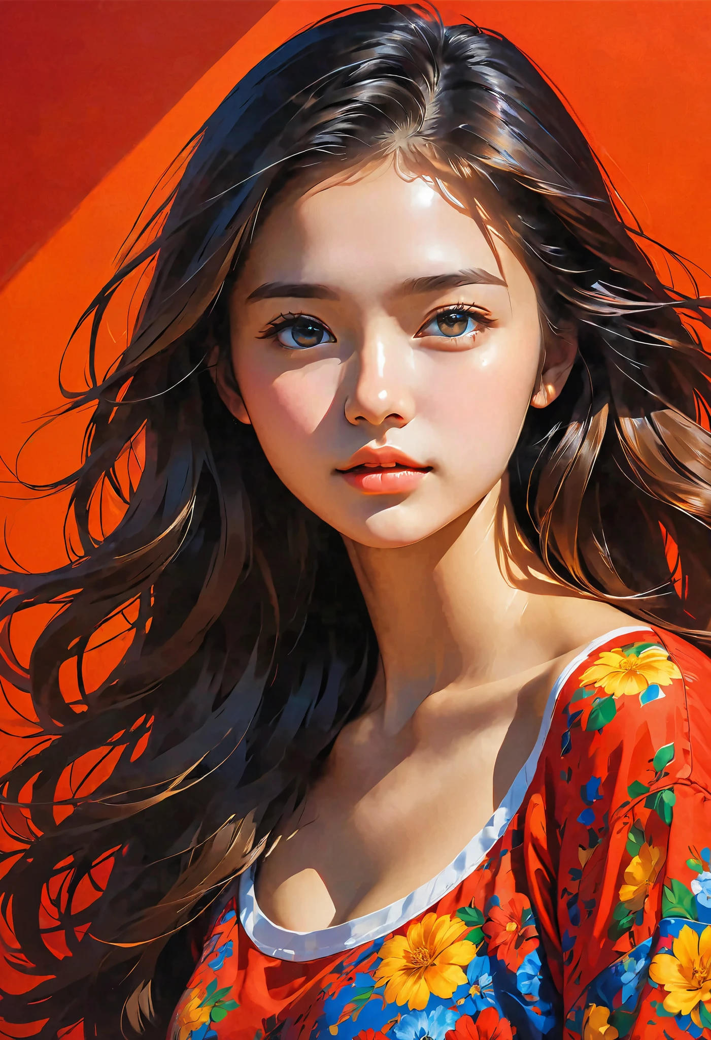 high definition illustration art、masterpiece、 18 year old beautiful woman ,long hair in the fountain,vivid colors,high contrast,(natural skin texture, hyperrealism, Strong light shines on it,  sharp), red background ,Clarify light and dark
