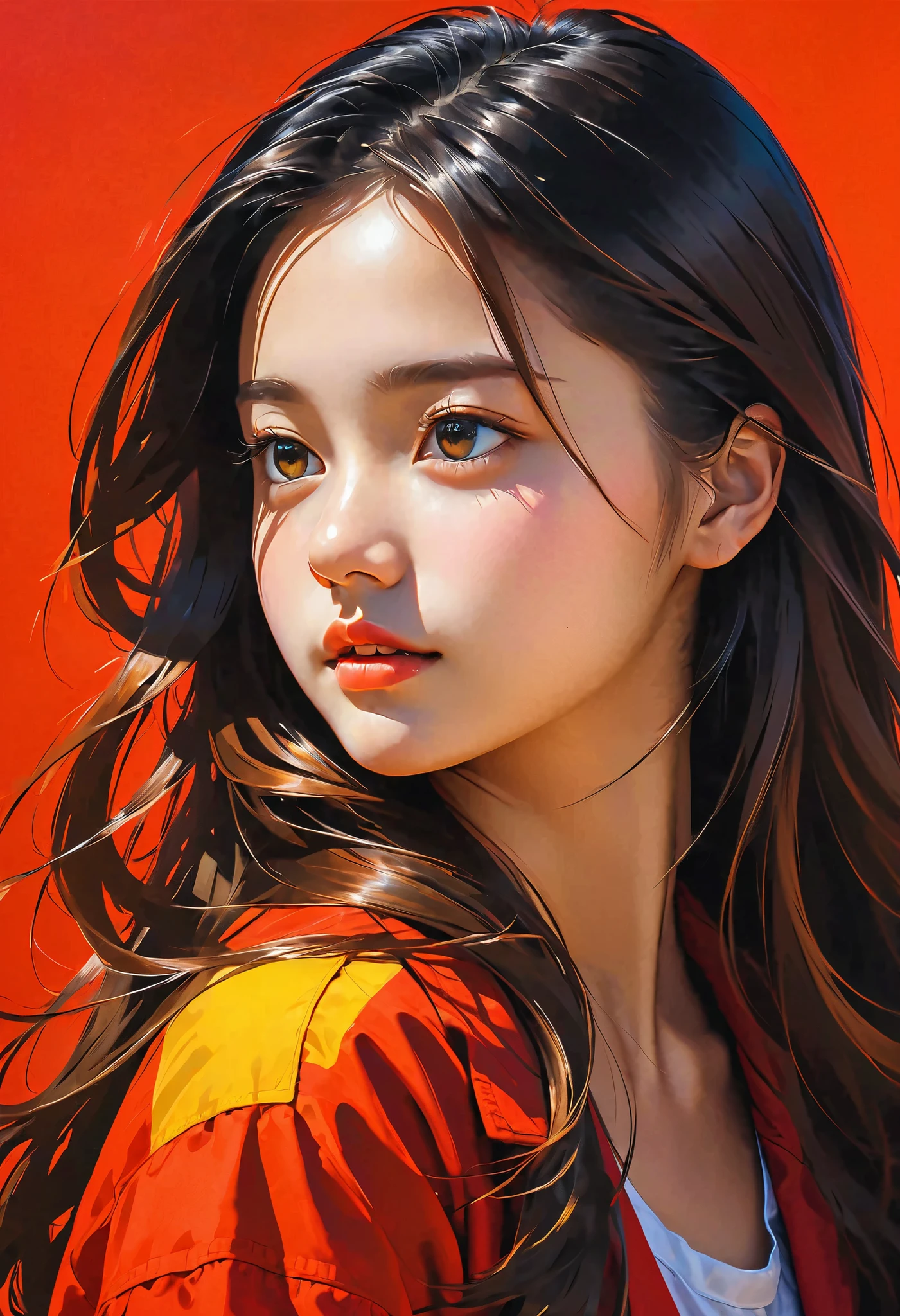 high definition illustration art、masterpiece、 18 year old beautiful woman ,long hair in the fountain,vivid colors,high contrast,(natural skin texture, hyperrealism, Strong light shines on it, sharp), red background ,Clarify light and dark、 various poses