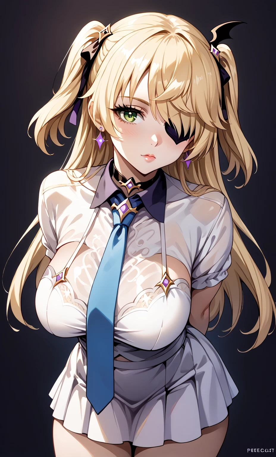 top-quality、masutepiece、1girl in、Blonde gal underwear only、Purple Lingerie、large full breasts、Nasty body、all-fours、to close range、red blush、Kamimei、Staring at this、Cute anime illustration、