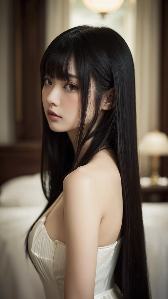 ((Highest quality))、((masterpiece))、(detailed)、woman、Black Hair、Medium-long hair、nude