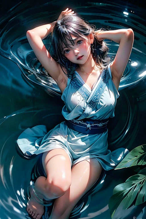 (Best picture quality, 8K, masterpiece: 1.3)), Sharp focus: 1.2, ((Not Sexy)), ((Cute girl Face, Both Eyes same)), (One Girl, 17 year old, Slightly Skinny, Two legs, hide fingers) ((Perfect Face, Perfect Eyes, Bangs, Slim Cheeks, Perfect Lips)), ((Highly detailed face, Smile, standing on your feet:1.2)), ((Highly detailed facial and skin texture)), (Black hair), ((Water Bender , Control Water by hands , Power)) , (Full traditional clothes, wearing full clothes), (cute), (anime girl in a blue dress standing in a pool of water, artwork, fantasy art style, art, closeup fantasy with water magic, CGI anime fantasy artwork, art)