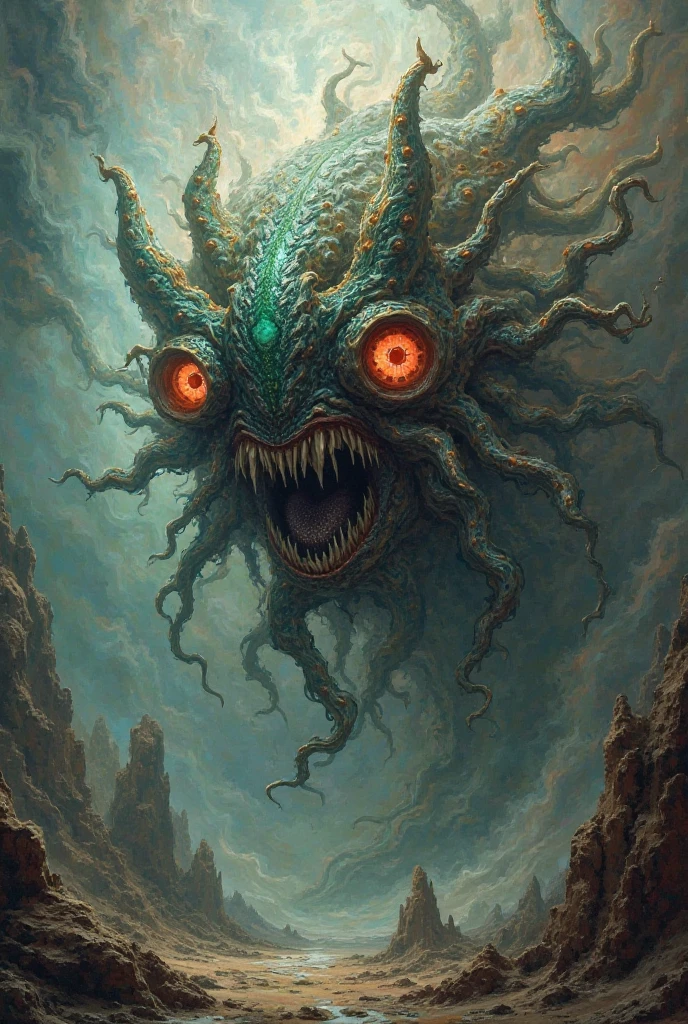 masterpiece, sharp, ultra detailed, 8k,cinematic,(Great old one Cthulhu is said to resemble a green octopus, dragon, and a human caricature, hundreds of meters tall, with webbed, human-looking arms and legs and a pair of rudimentary wings on its back. Its head is depicted as similar to the entirety of a gigantic octopus, with many long tentacles surrounding its supposed mouth. ),H.P Lovecraft style,dark aura, evil,eldritch horror,(high detailed character:1.0)((soft dimmed light)), best quality, dimmed, (high detailed background:1.2),8k uhd, dslr, soft lighting, high quality, film grain, intricate detail, milkyway background,  <lora:milkyWay_v10:0.9>