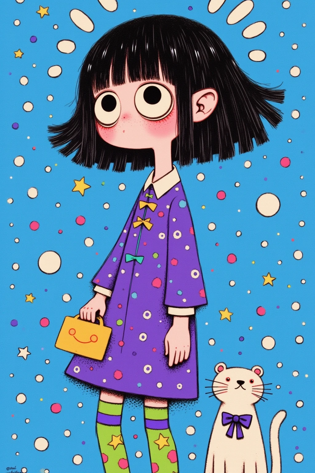 Character, girl, abstract expression, black hair with bangs, large black eyes, purple simple dress color, purple dress with ribbon details, green and purple striped leggings, holding a white teddy bear in one hand, dynamic pose with one leg raised, side view, playful and lively atmosphere, bright blue background with white polka dot pattern, flat and colorful illustration style, high-contrast colors, digital art, one girl, screen print inspired by graffiti, blacklight velvet poster, Gary Baseman-inspired details, detailed close-up, additional details, close-up shot, sinister realm magical painting vibe, Dan DeCarlo’s art style, mid-close-up.