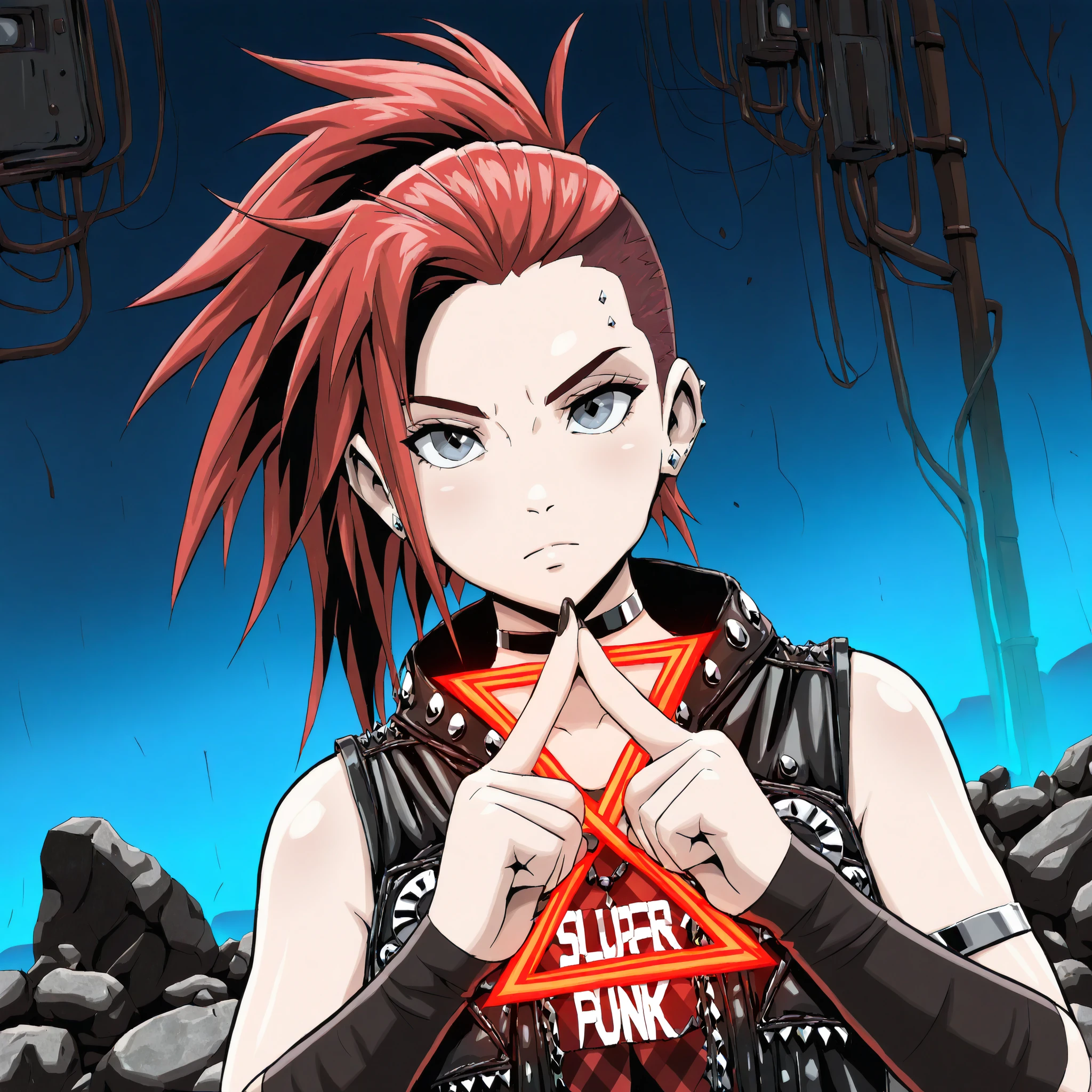 (masterpiece, best quality:1.2),black light, 1 girl, alone, fluorescent color, look next to, pretty face, beautiful eyes, (style1.2:punk, grunge, rock), Upper body, red hair, ponytail, side-cut, sidecut, side cut, sides of the hair shaved, burgundy strings of hair, grey blue eyes, open red and black tartan longsleeve shirt, black leather sleeveless vest, diamond stud earrings, diamond piercing double lowbret, reckless attitude, serious look, shiny skin, Glow emission cutting, Finger proportions are coordinated, dark, View, Dynamic angle, (((masterpiece))), (((best quality))), ((Super detailed)), (illustration), (detail light), dramatic_shadow, Rays_track, reflection, ultra high resolution, don't starve video game style, klei entertainment style, cartoon style, hades video game style, supergiant games style, Jen Zee artstyle