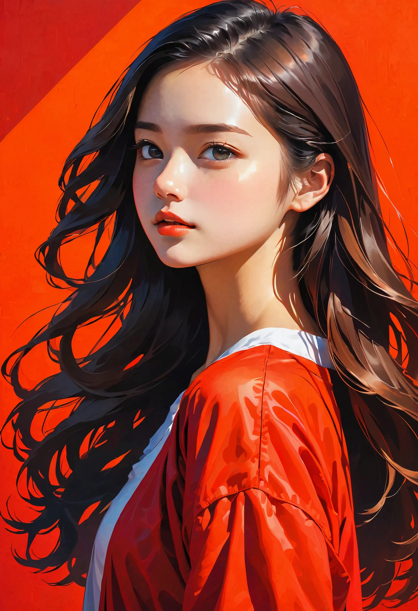 high definition illustration art、masterpiece、 18 year old beautiful woman ,long hair,vivid colors,high contrast,(natural skin texture, hyperrealism, Strong light shines on it, sharp), red background ,Clarify light and dark、 various poses