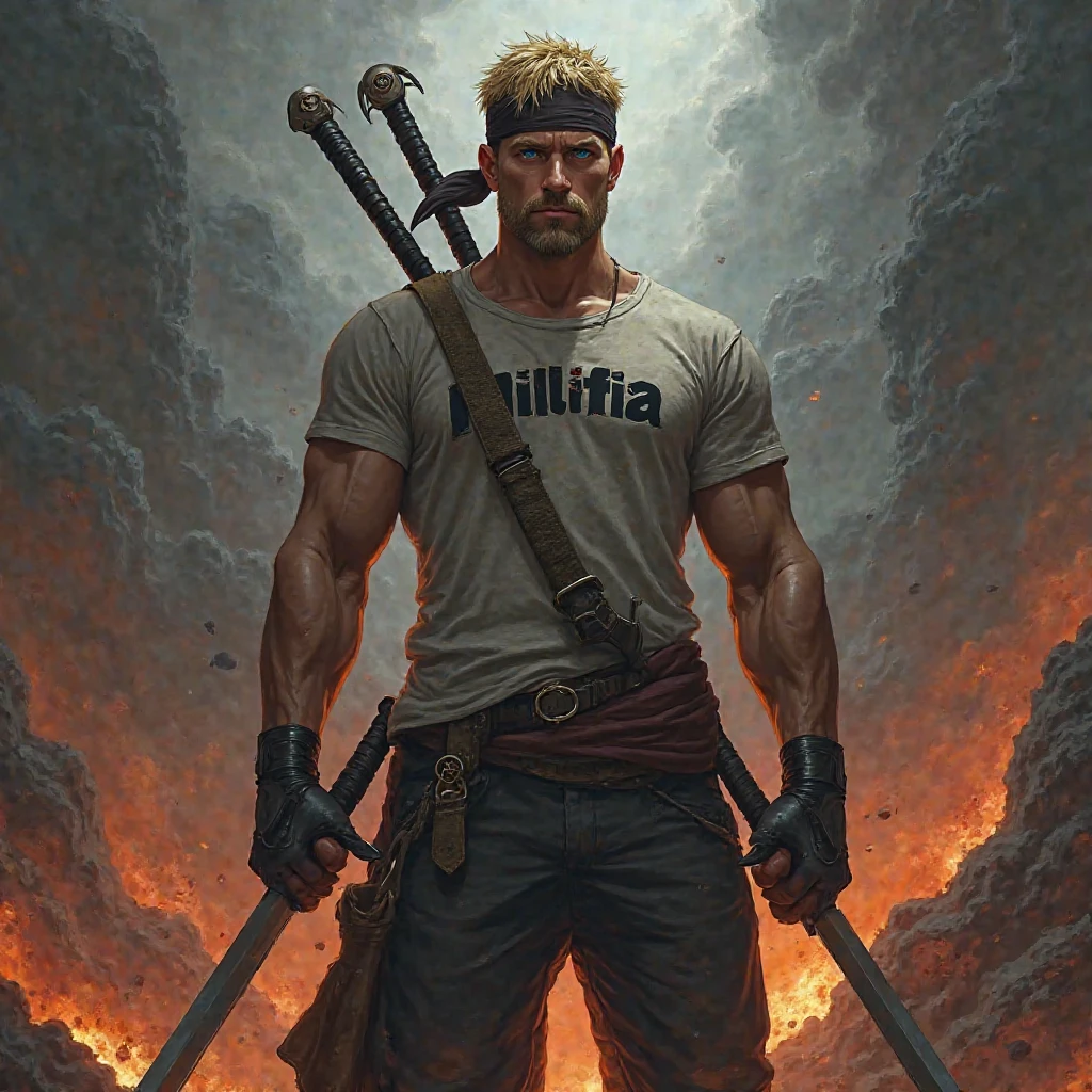 fire, explosion, sunset, flame, muscular, burning, palm tree, torch, orange sky, blonde hair, gloves, ponytail, pyrokinesis, molten rock, breathing fire, fingerless gloves, embers, campfire, tree, hat, dougi, clenched hand, 1boy, evening, punching, male focus, clenched hands, manly, long hair, fireplace, baseball cap, gradient sky, abs, twilight, firing, red sky, leaf, biceps, open mouth, fighting stance, dusk, flaming weapon