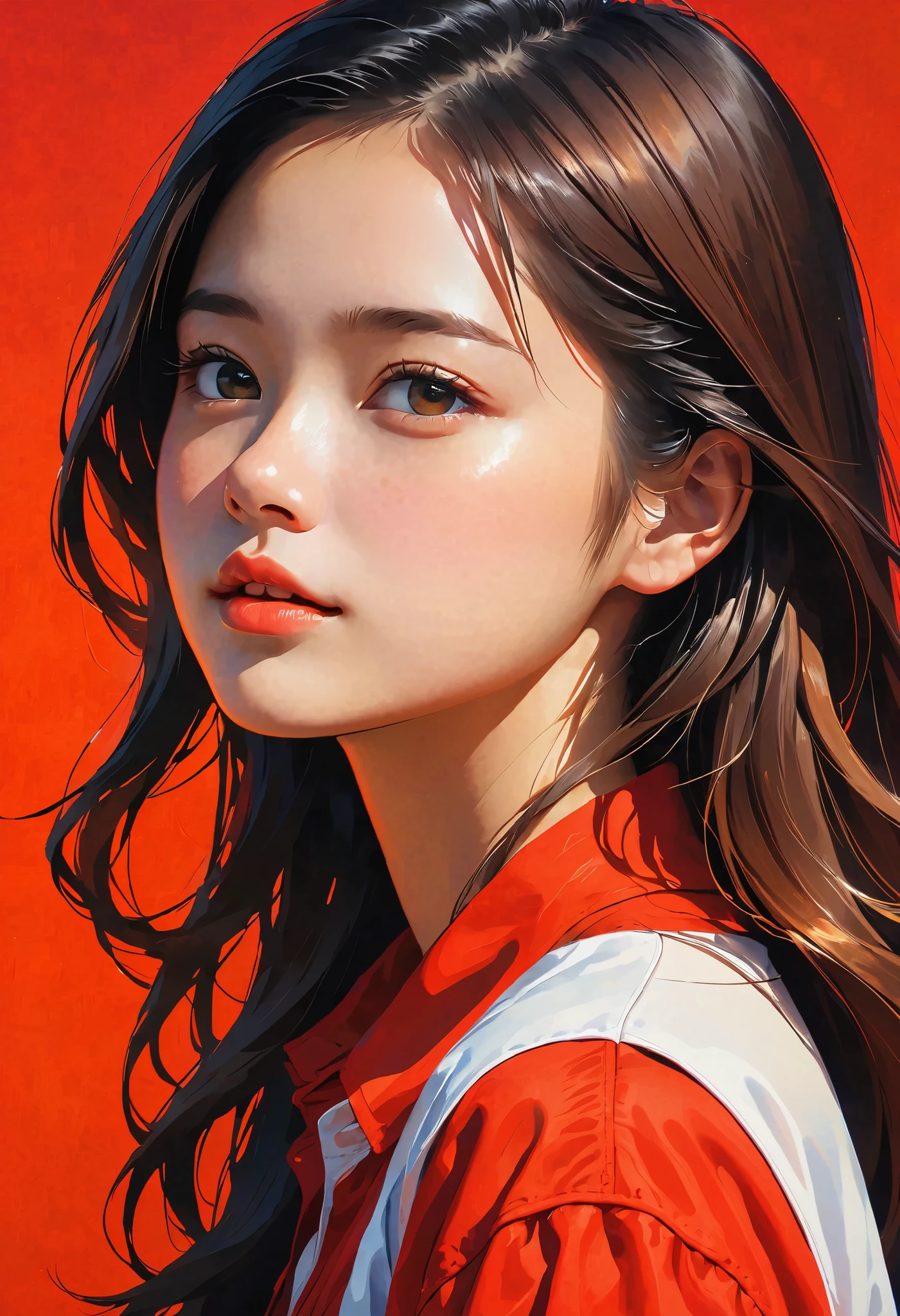 high definition illustration art、masterpiece、 18 year old beautiful woman ,long hair in the fountain,vivid colors,high contrast,(natural skin texture, hyperrealism, Strong light shines on it, sharp), red background ,Clarify light and dark、 various poses