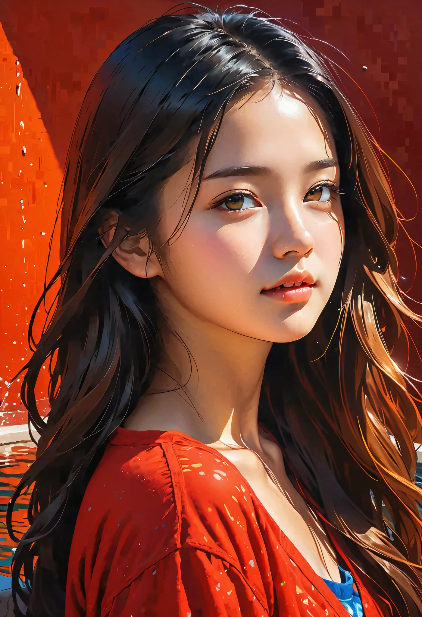 high definition illustration art、masterpiece、 18 year old beautiful woman ,long hair,vivid colors,high contrast,(natural skin texture, hyperrealism, Strong light shines on it, sharp), red background ,Clarify light and dark、 various poses