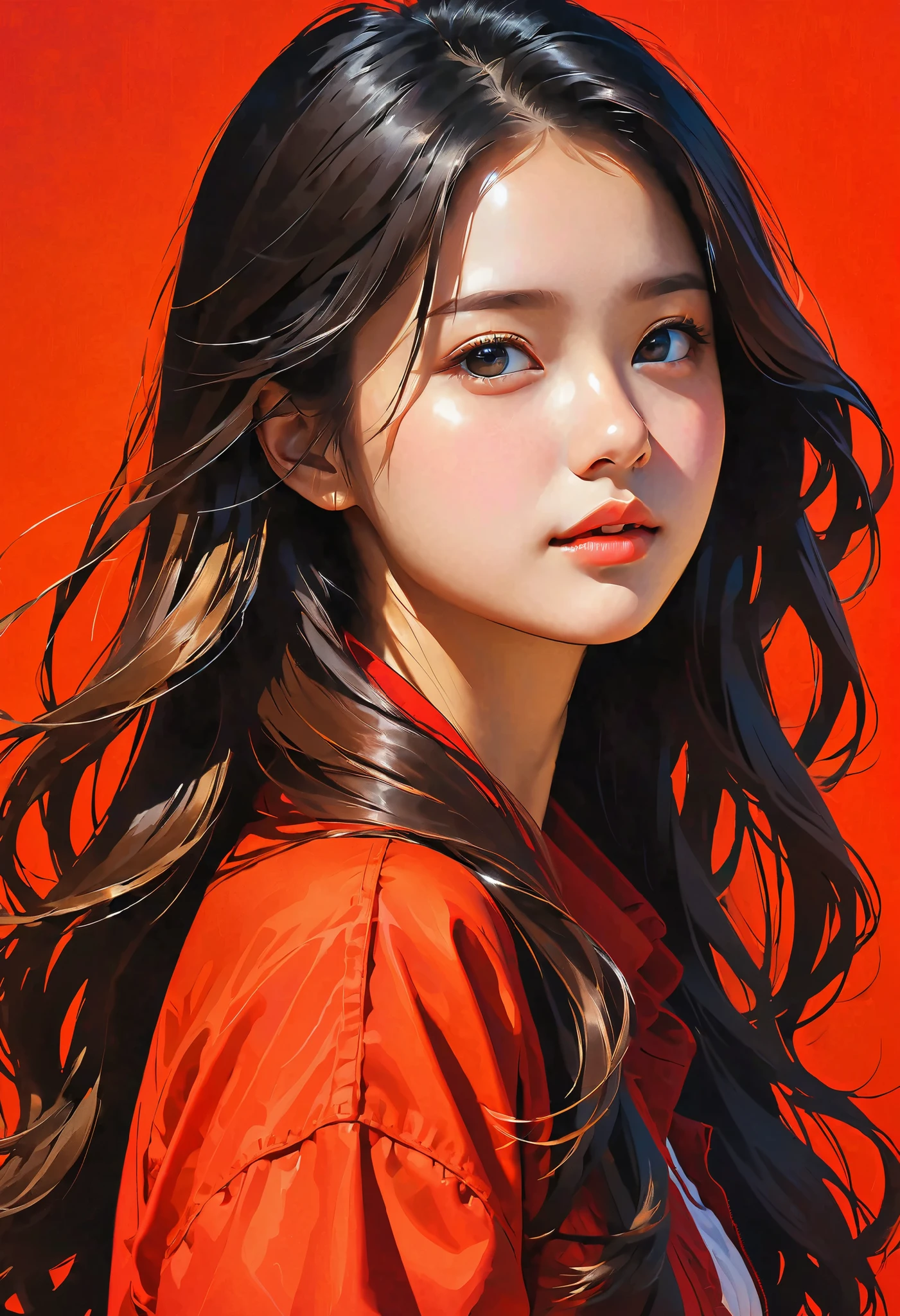 high definition illustration art、masterpiece、 18 year old beautiful woman ,long hair,vivid colors,high contrast,(natural skin texture, hyperrealism, Strong light shines on it, sharp), red background ,Clarify light and dark、 various poses