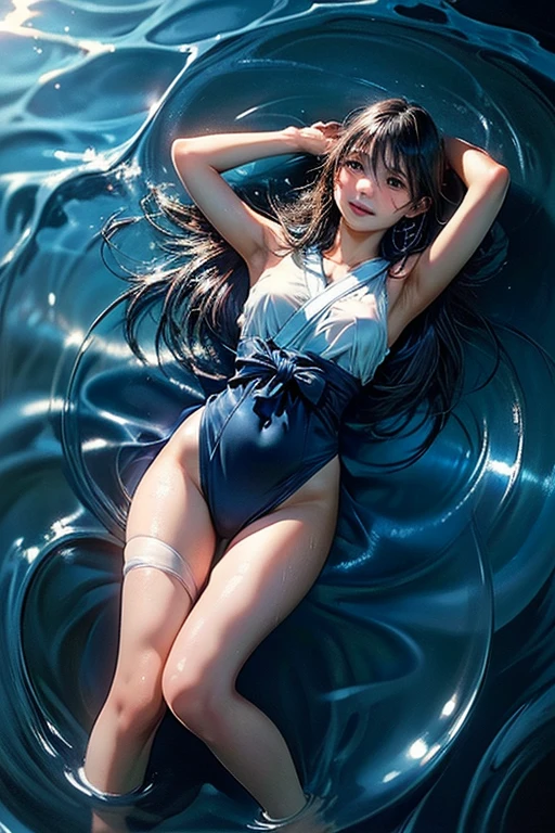 (8K, Original photography, Top image quality, masterpiece: 1.28), hyper HD, (Realistic, 真实感: 1.38), realisticlying, A high resolution, softlighting. Tiny Girls, girl jumping into the water、Falling、splash water、shout、Luminous water surface、White and Vivid colors, (under the mesmerizing back lighting), glistening ivory skin, sparkling highlights, Detailed KAWAII face with cute lips, long eyelashes, Delicate clothes, Detailed open crotch, (Whole Body proportions and all limbs are anatomically accurate | correct hands) .